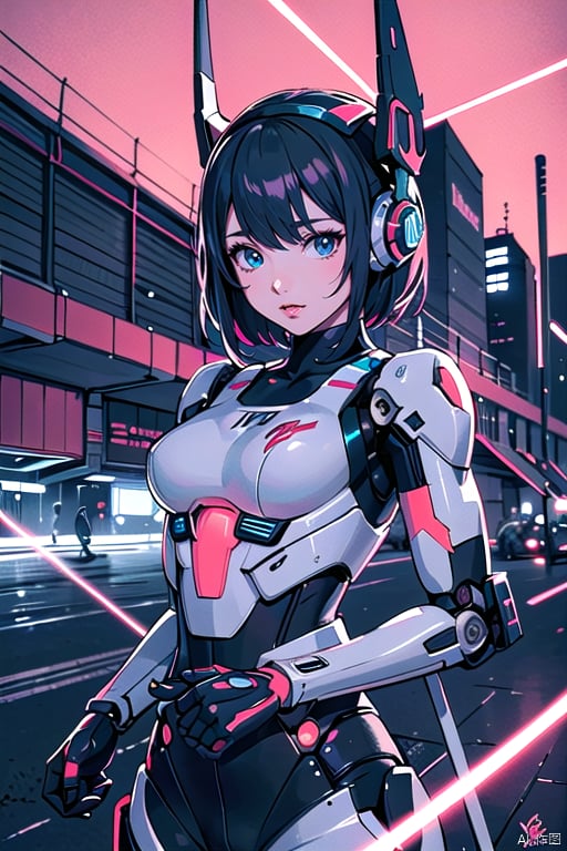 chromatic of a mechapunk gundam robot, futuristic sci-fi female android, feminine hyper design, in the retro style of FLCL, super detailed bright illustration, light azure and light redcore scarlet color palette, aetherpunk, hyperdetailed futuristic design, gorgeous scenery with captivating light,