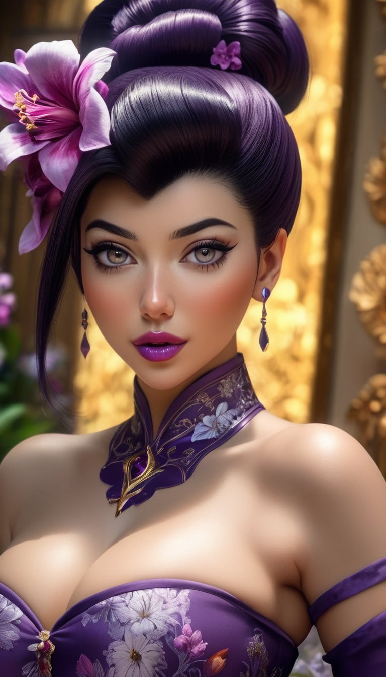 (masterpiece:1.5, best quality:1.5, absurdres), ultra-detailed, perfect anatomy, (hand reference anatomy:1), correct anatomy, 4K, 8K, realistic, detailed face, photorealistic beautiful woman, high ponytail, twotone black and purple hair, bangs, hair ornaments, sparkling grey eyes, eyelashes, glossy purple lipstick, parted lips, blushing, freckles, medium breasts, no straps shirt, seductive look, various seductive looks ornate lush floral background, purple flowers, god rays, upper body shot, eye focus
