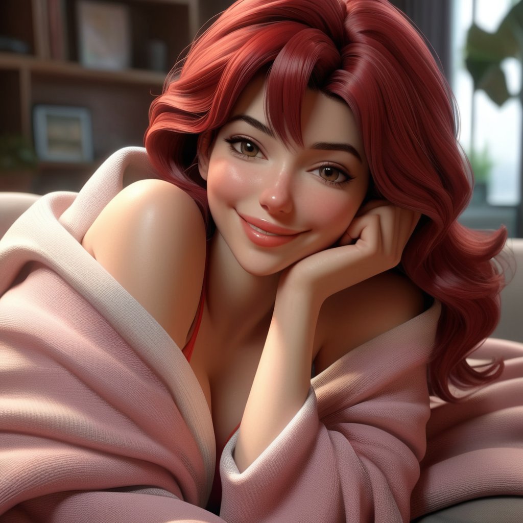 3 d render of a cute thin young woman, red blush, wearing casual clothes, small smile, relaxing on a couch, cuddling up under a blanket, cozy living room, medium shot, 8 k, trending on artstation, art by artgerm, unreal engine 5, hyperrealism, hyperdetailed