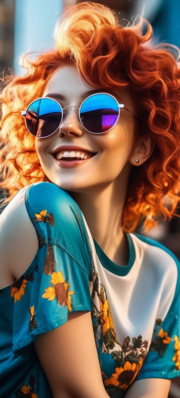 Super cute happy redhead short messy hair curly woman, cyberpunk blue shade sun glasses, summer environment, golden hour, casual portrait