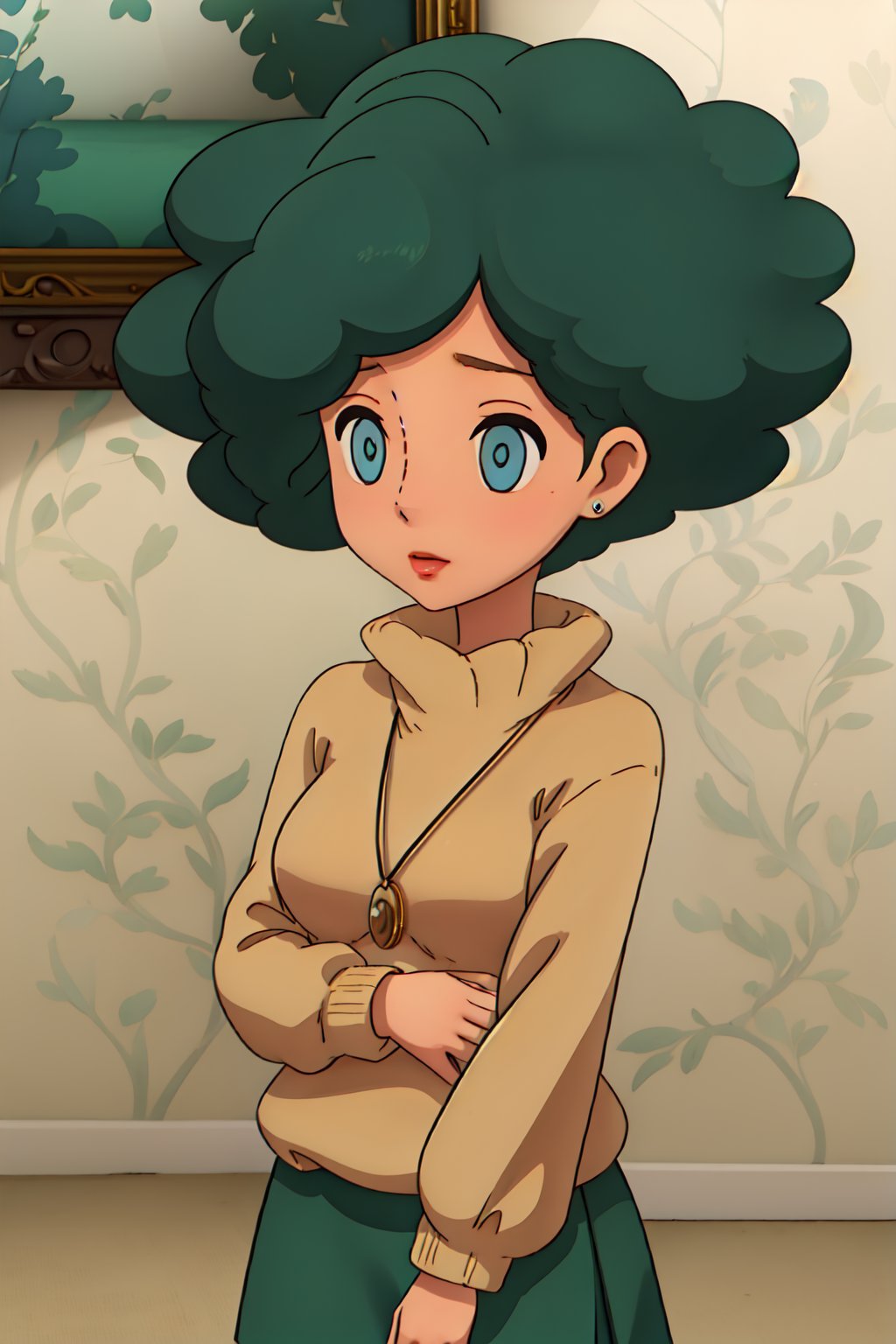 1girl, solo,Olivia, green hair, turtleneck_sweater, blue eyes, no pupils, jewelry, afro, green lonk skirt 