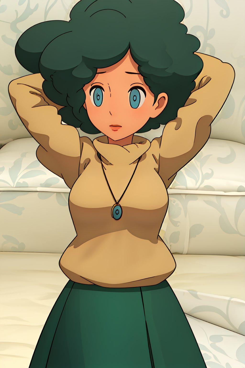 1girl, solo,Olivia, green hair, turtleneck_sweater, blue eyes, no pupils, jewelry, afro, green long skirt , arms behind head,3D MODEL