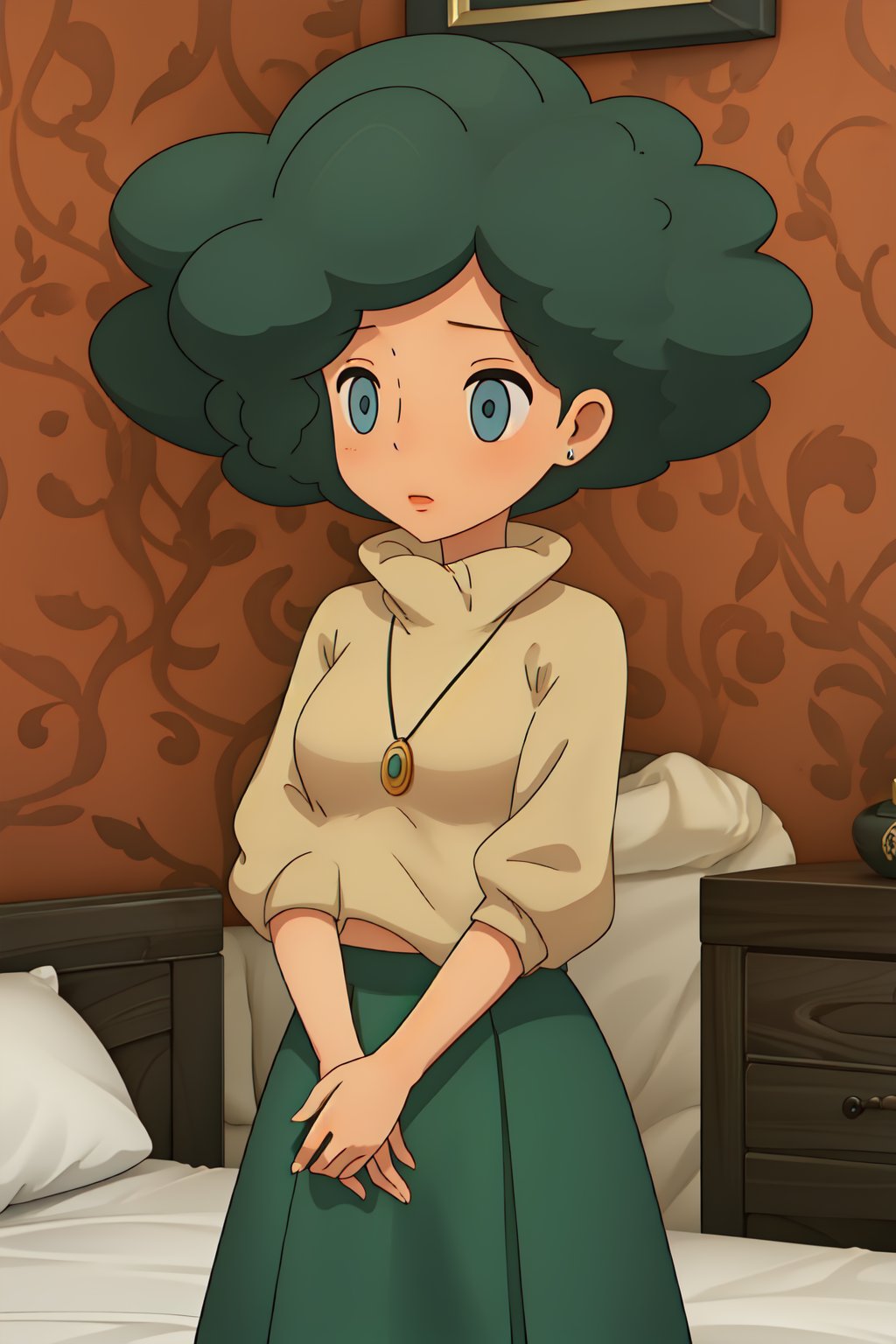 1girl, solo,Olivia, green hair, turtleneck_sweater, blue eyes, no pupils, jewelry, afro, green long skirt 