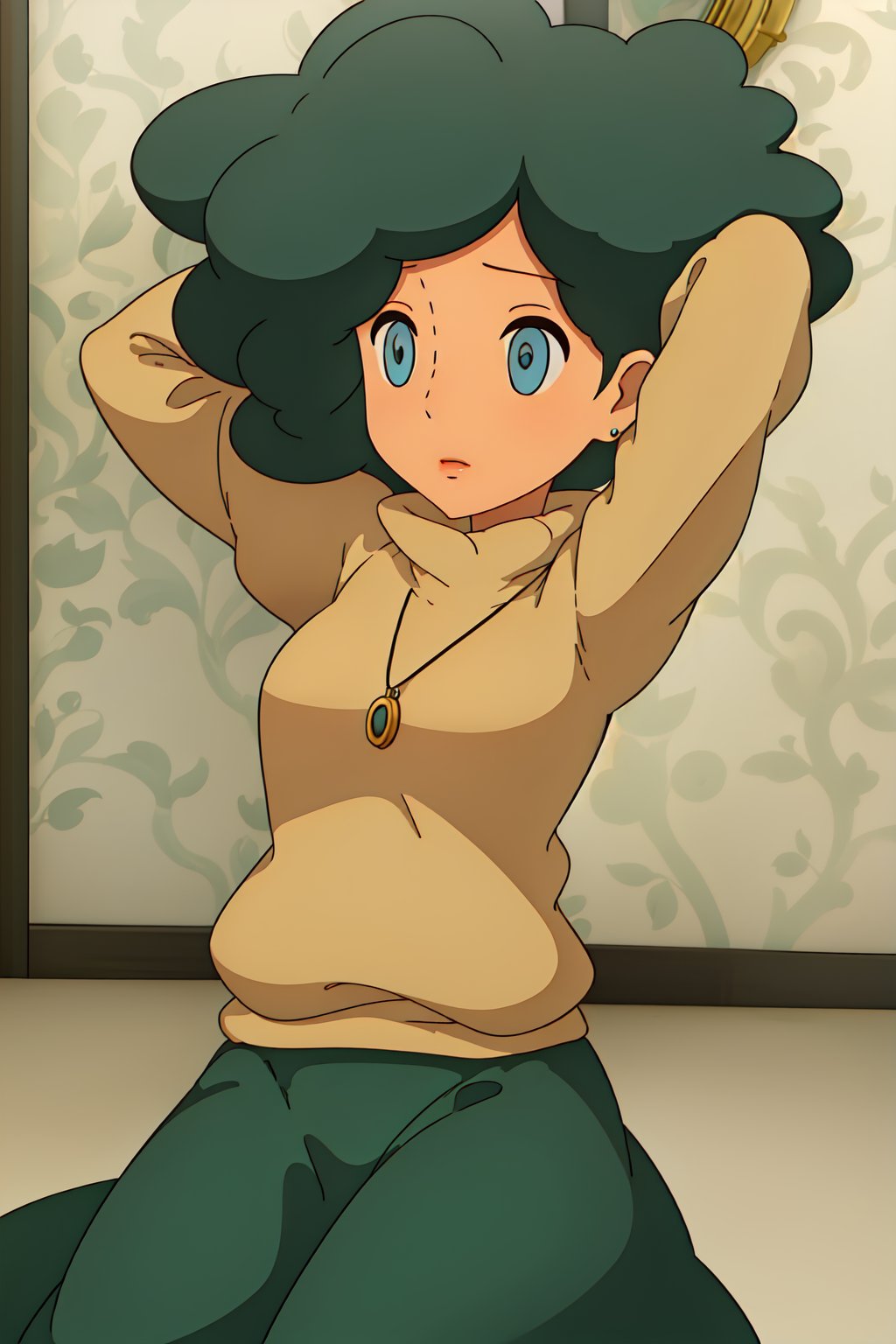 1girl, solo,Olivia, green hair, turtleneck_sweater, blue eyes, no pupils, jewelry, afro, green long skirt , arms behind head