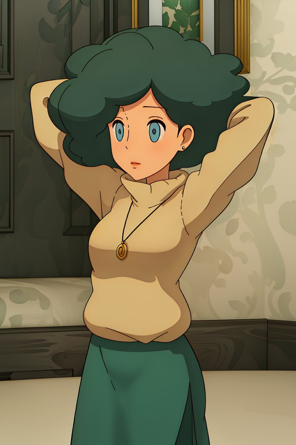 1girl, solo,Olivia, green hair, turtleneck_sweater, blue eyes, no pupils, jewelry, afro, green long skirt , arms behind head