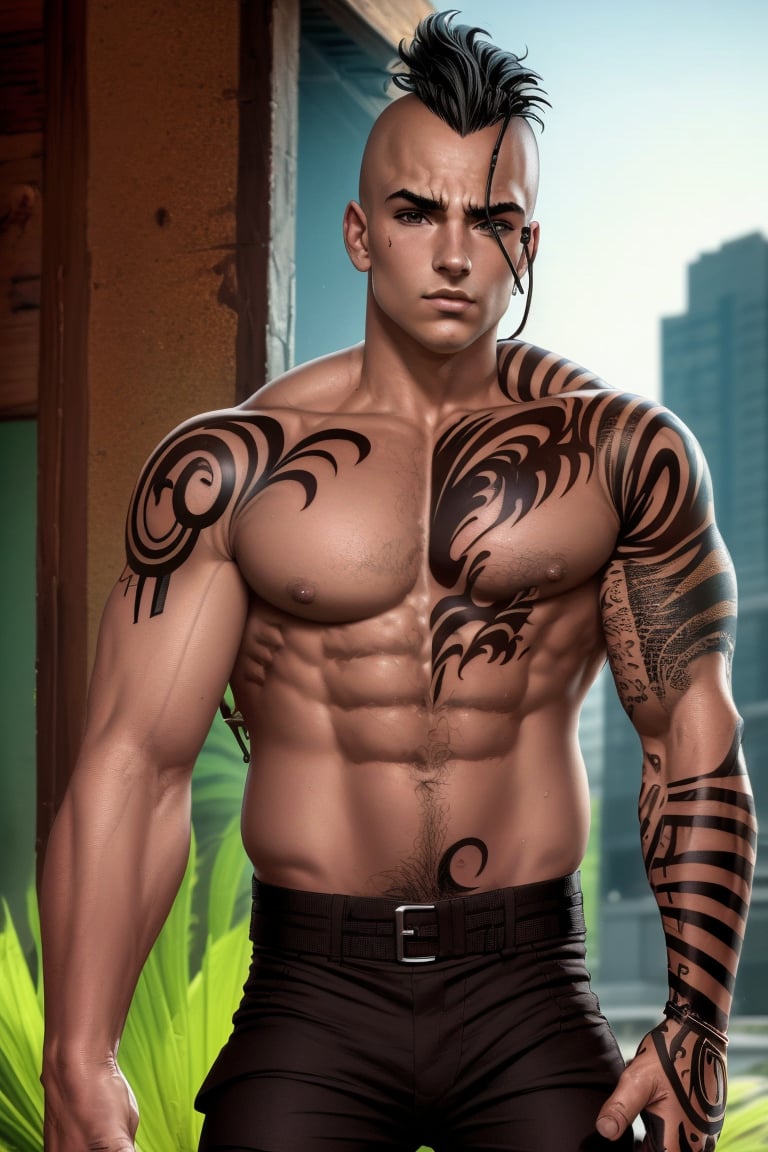 Daken is a handsome man, 19 years old, black hair, thick hair, mohawk haircut, shaving the sides of the head, brown eyes. Atletic build. Large tribal tattoo extending from the center of his abdomen and covering most of his left pectoral muscle, trapezius, and arm all the way down to his hand, black tattoo. black baggy pants., sciamano240, 1boy, daken