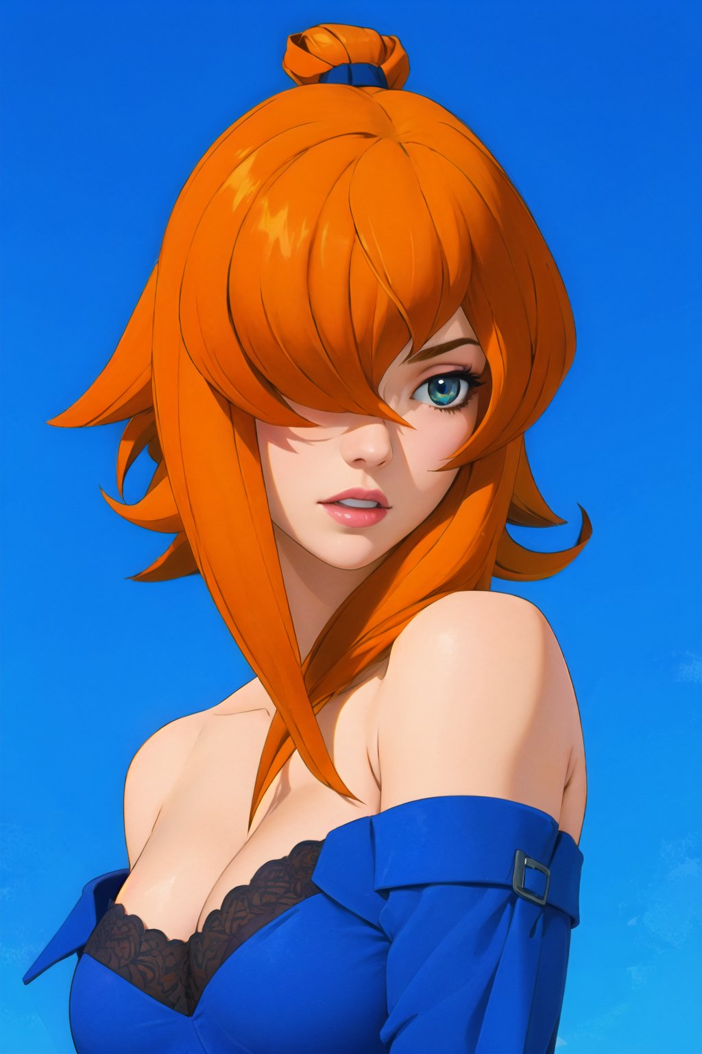 (masterpiece, best quality, high_res, detailed background, realistic),1girl, meiterumi, hair_over_one_eye, orange_hair, blue dress, large_breasts, off_shoulders, absolute_cleavage