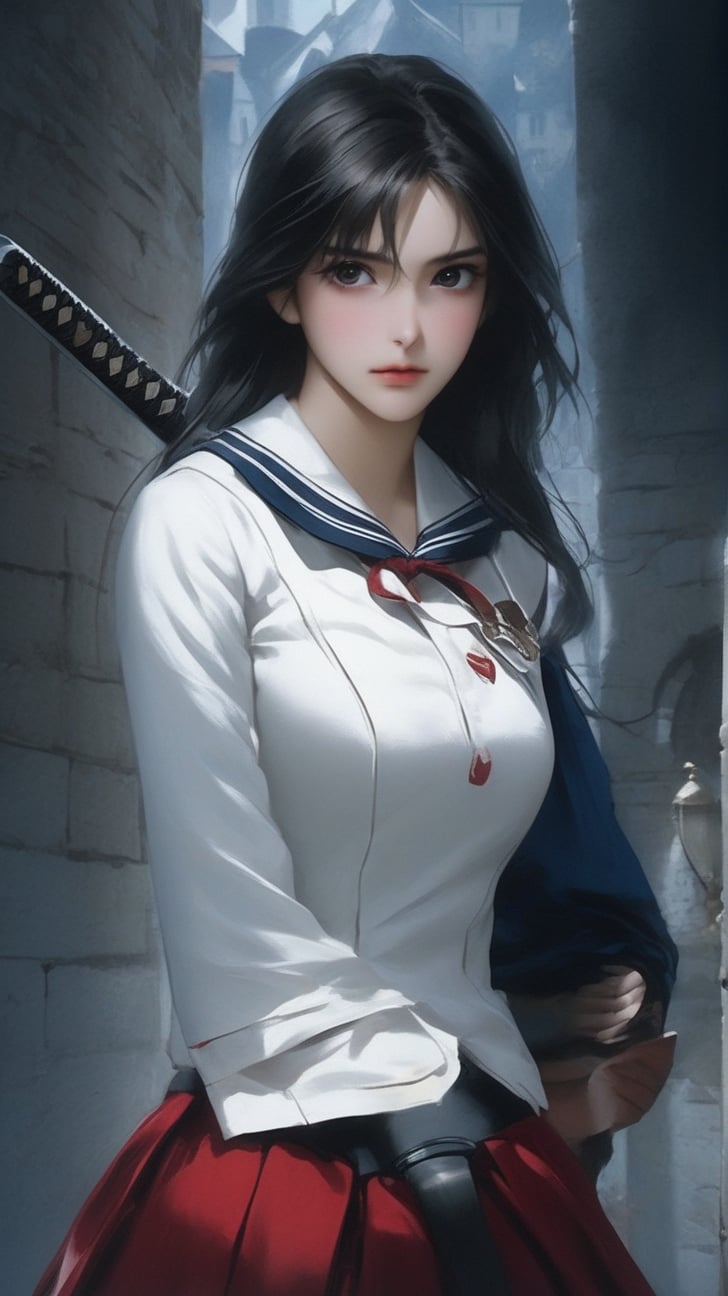 Full figure portrait of a girl \(Blood the vampire hunter Saya\) swinging sword,sailor student uniform \(blue white color\),hourglass figure,(chiaroscuro lighting,volumetric lighting,soft rim lighting,key light reflecting in the face and eyes:1.2),old town backdrop,hyperdetailed,oc rendering,ultra-realistic,sagiri,real_booster,art_booster,ani_booster