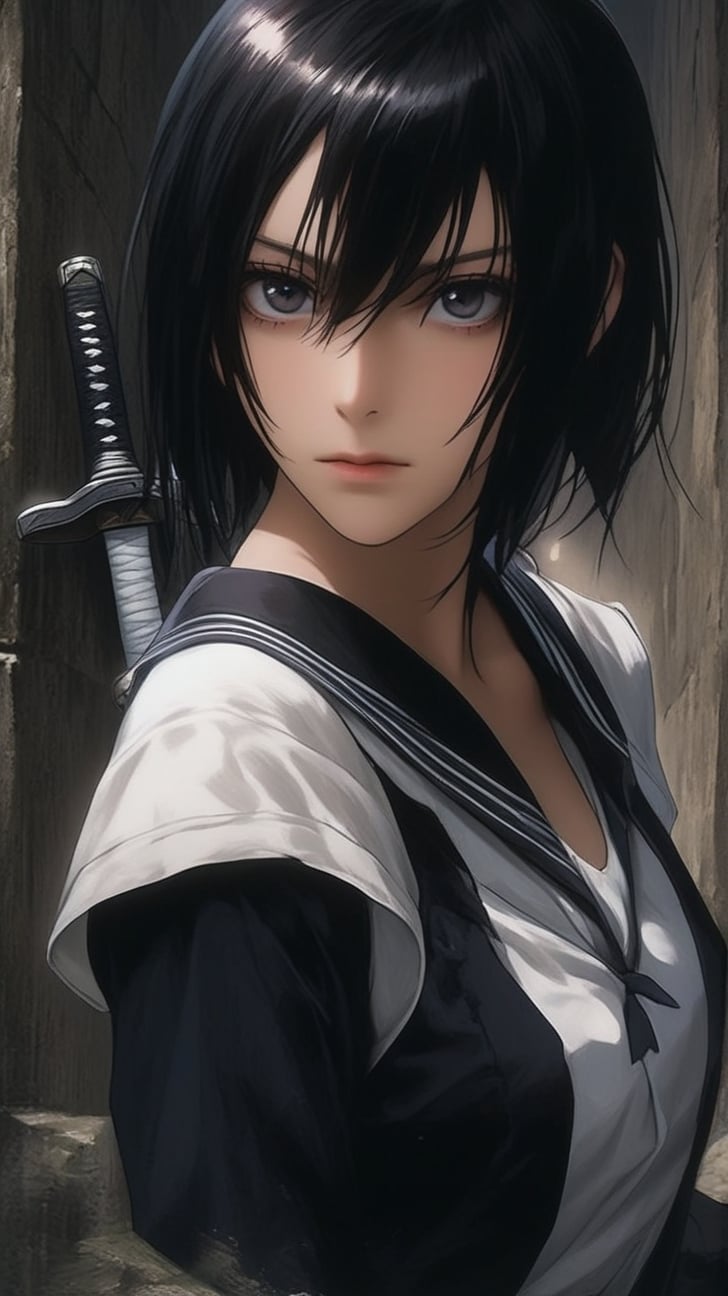 Full figure portrait of a girl \(Blood the vampire hunter Saya\) swinging sword,sailor student uniform \(blue white color\),well-drawn hands,hourglass figure,old town backdrop,depth of perspective,(chiaroscuro lighting,volumetric lighting,soft rim lighting,key light reflecting in the face and eyes:1.2),hyperdetailed,oc rendering,ultra-realistic,kuchiki rukia,real_booster, art_booster,ani_booster,art_booster