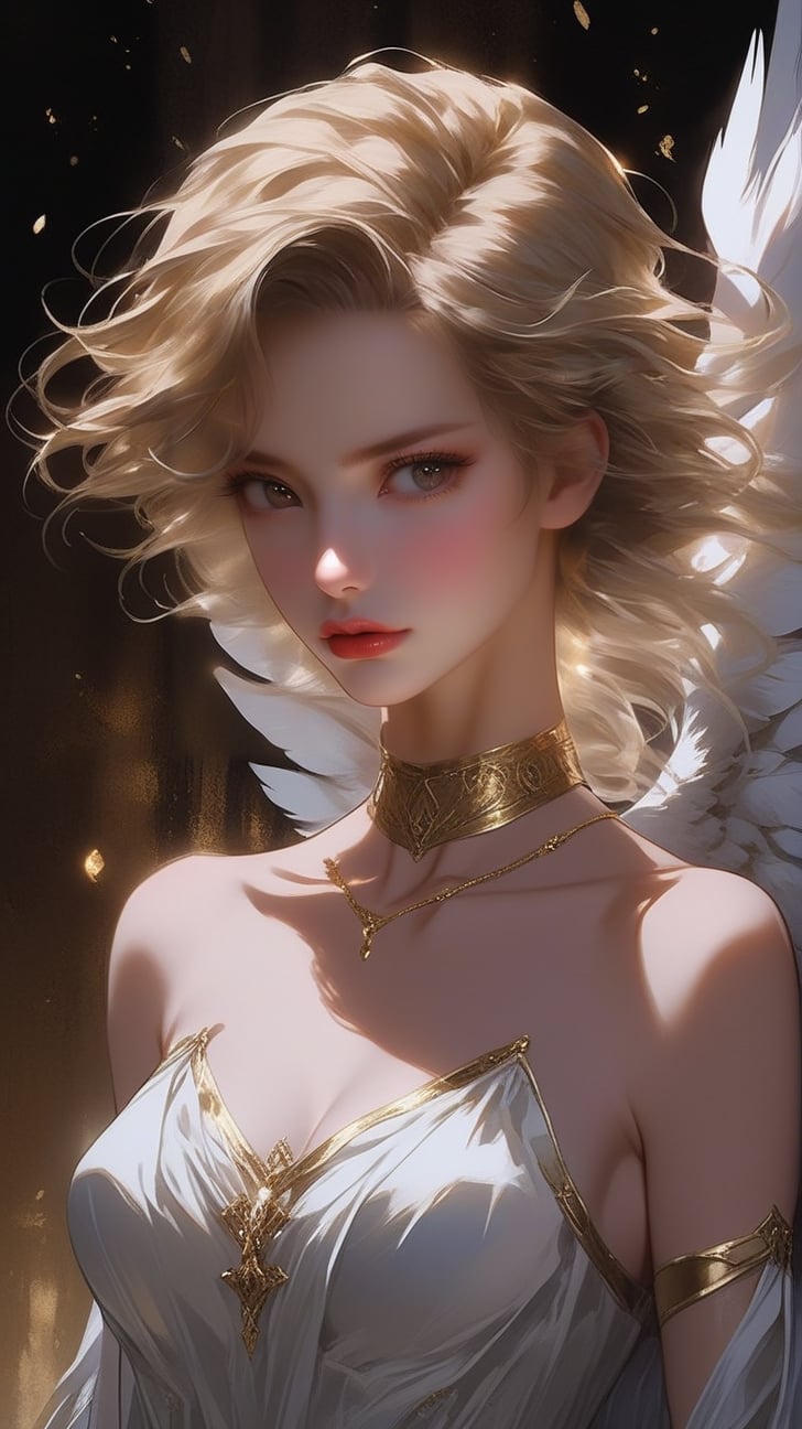 beautiful waist-up portrait at extreme low angle perspective,Thick acrylic illustration on pixiv, gorgeous gothic girl angel with beautiful eyes,green scarlet white gold color, extreme iridescent reflection,over exposure, 🕊elements,white feathers,gauze latex,bokeh,chiaroscuro lighting,wlop, gold white silver,soft focus,ultra detail,ray tracing, cinematic bottom light, 8k,oc rendering,by SakimiChan and Yoji Shinkawa and serafleur, real_booster,art_booster,more detail XL,H effect,ani_booster
