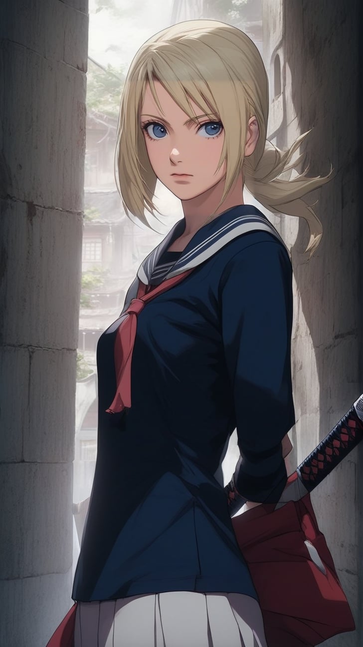 Full figure portrait of a girl \(Blood the vampire hunter Saya\) swinging sword,sailor student uniform \(blue white color\),well-drawn hands,hourglass figure,old town backdrop,depth of perspective,(chiaroscuro lighting,volumetric lighting,soft rim lighting,key light reflecting in the face and eyes:1.2),hyperdetailed,oc rendering,ultra-realistic,haruno sakura,naruto, real_booster,art_booster,ani_booster
