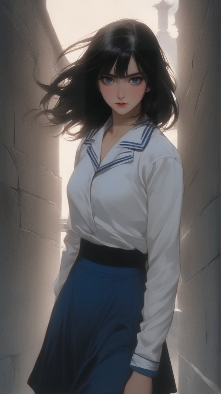 Full figure portrait of a girl \(Blood the vampire hunter Saya\) swinging sword,sailor student uniform \(blue white color\),well-drawn hands,hourglass figure,old town backdrop,depth of perspective,(chiaroscuro lighting,volumetric lighting,soft rim lighting,key light reflecting in the face and eyes:1.2),hyperdetailed,oc rendering,ultra-realistic,power,chainsaw man, real_booster,art_booster,ani_booster