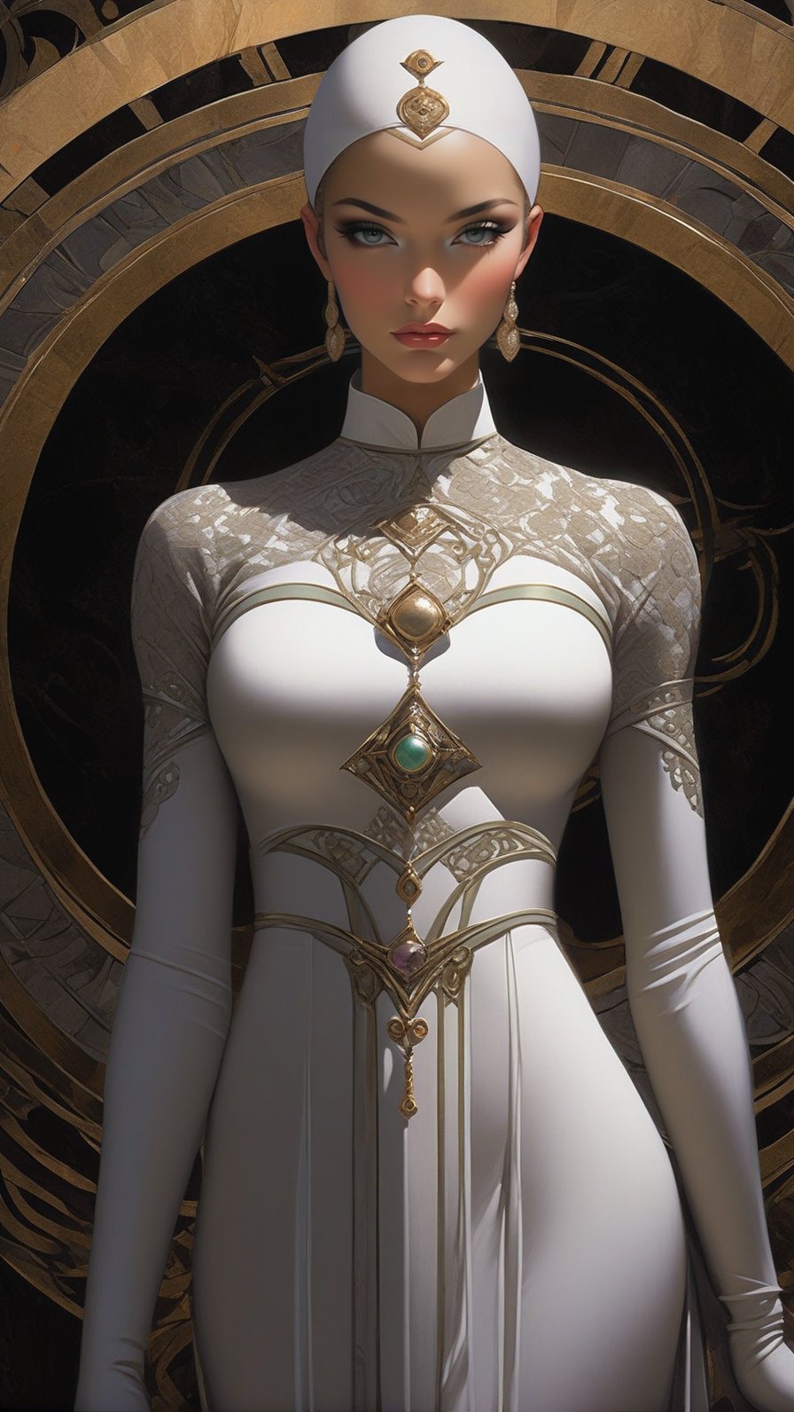 (Full figure) portrait of gorgeous singularity goddess,detailed exquisite face,detailed soft shiny skin,(Peach Blush,Sage Green,Purple Gray,White Lace colors),dark art nouveau,hourglass figure,hyperdetailed,fullbody,(chiaroscuro lighting,soft rim lighting,key light reflecting in the eyes),octane render,kodachrome 800,rule of thirds,claymore,by Karol Bak,Luiz Escañuela and Hayao Miyazaki, real_booster,art_booster, ani_booster,H effect