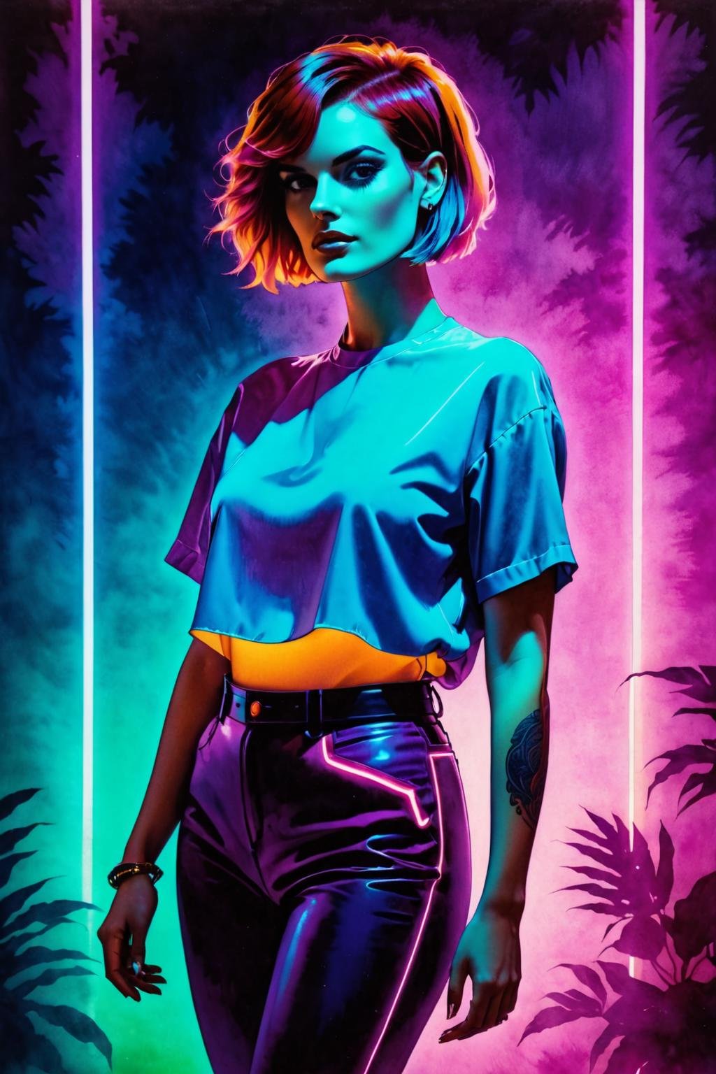 retro ink, full body portrait of a beautiful woman, neon, Blunt haircut, Ombre ,Mahogany glow, breathtaking scenery <lora:Retro_Ink_SDXL:.8>