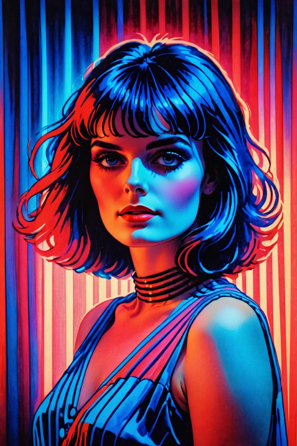 retro ink,portrait of a woman, neon, Curtain bangs, Red ,Blue  glow,  <lora:Retro_Ink_SDXL:.8>