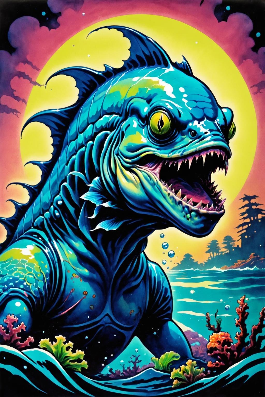 retro ink,aquatic creature, Zombie, <lora:Retro_Ink_SDXL:.8>