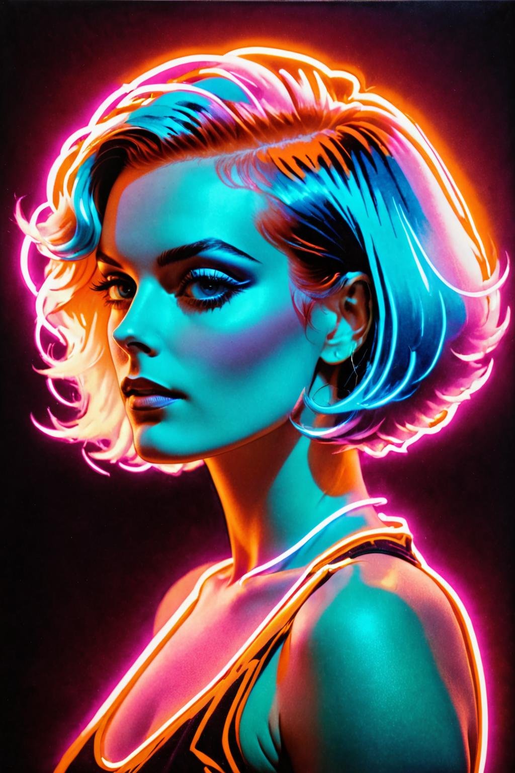 retro ink,portrait of a woman, neon, Bob, Platinum ,Auburn  glow,  <lora:Retro_Ink_SDXL:.8>