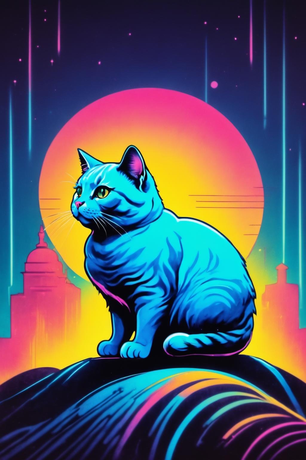 retro ink, cute chubby cat, neon blue color <lora:Retro_Ink_SDXL:.8>