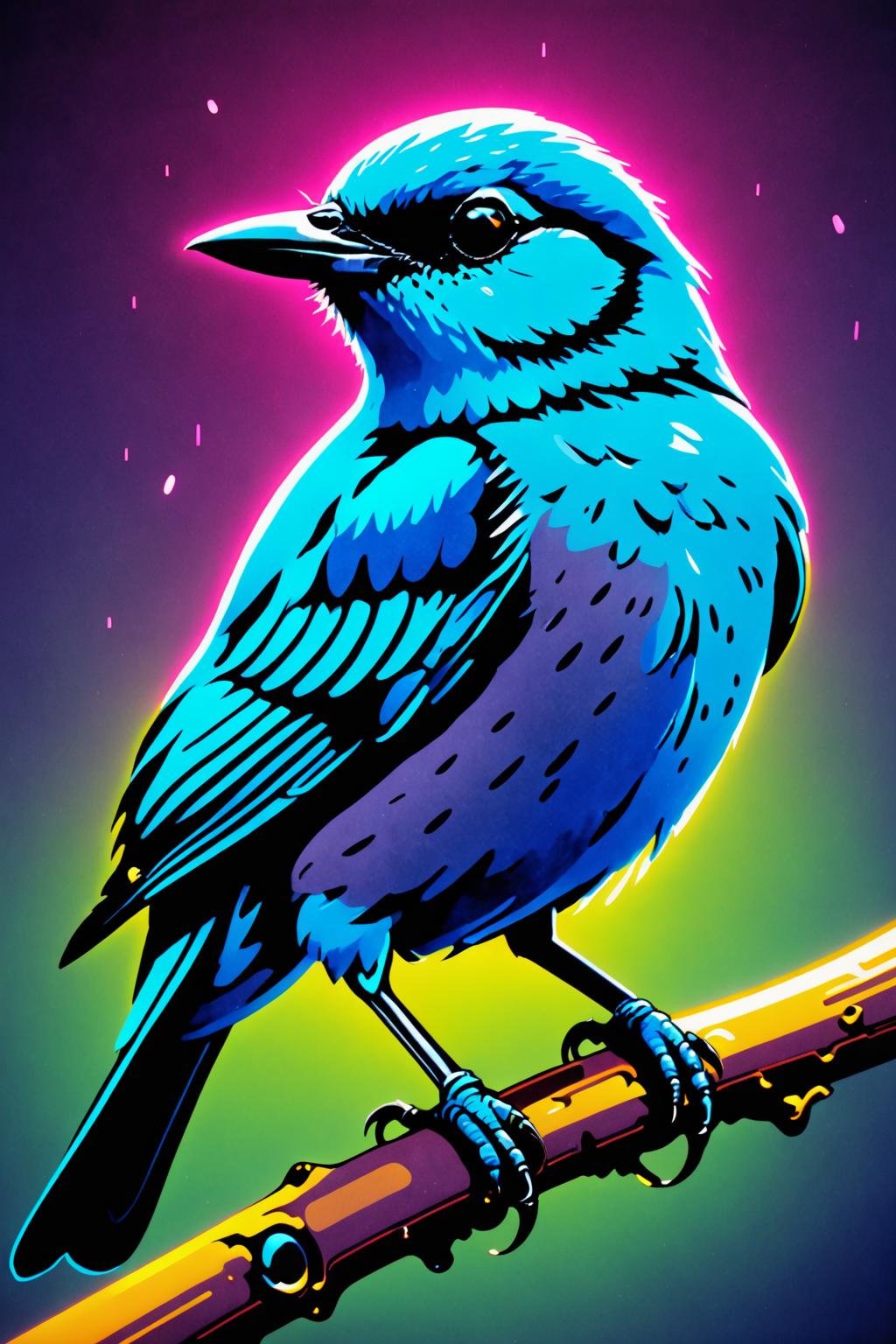 retro ink, a cute bird, Ash ,Blue , neon <lora:Retro_Ink_SDXL:.8>