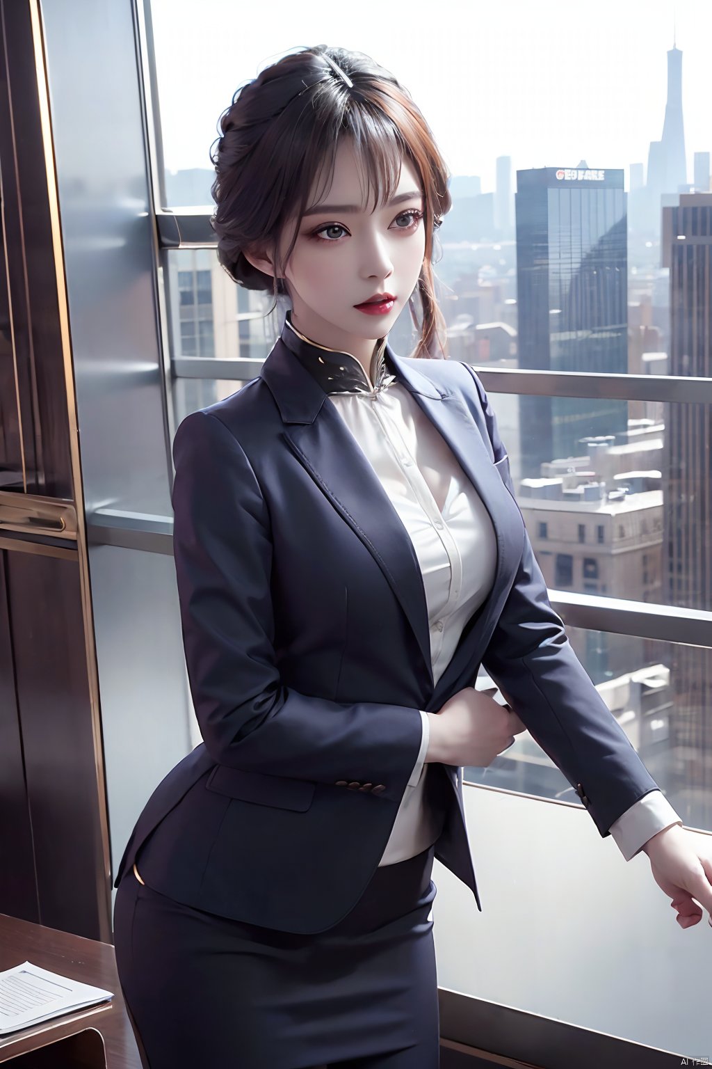 1girl,office,orehead mark,mole,(European model: 1.3),31 years old, exquisite, business women's clothing, (jacket: 1.1),High collar,(shirt: 1.1), filigreth, quality, skyscraper boss's office, windows that can see the cityscape, film grain, depth of field ,