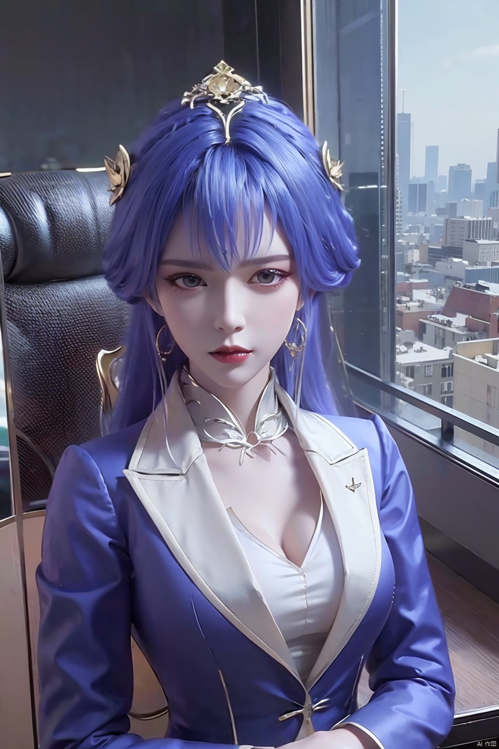  1girl,office,Blue hair, long hair,orehead mark,mole,(European model: 1.3),31 years old, exquisite, business women's clothing, (jacket: 1.1),High collar,(shirt: 1.1), filigreth, quality, skyscraper boss's office, windows that can see the cityscape, film grain, depth of field ,