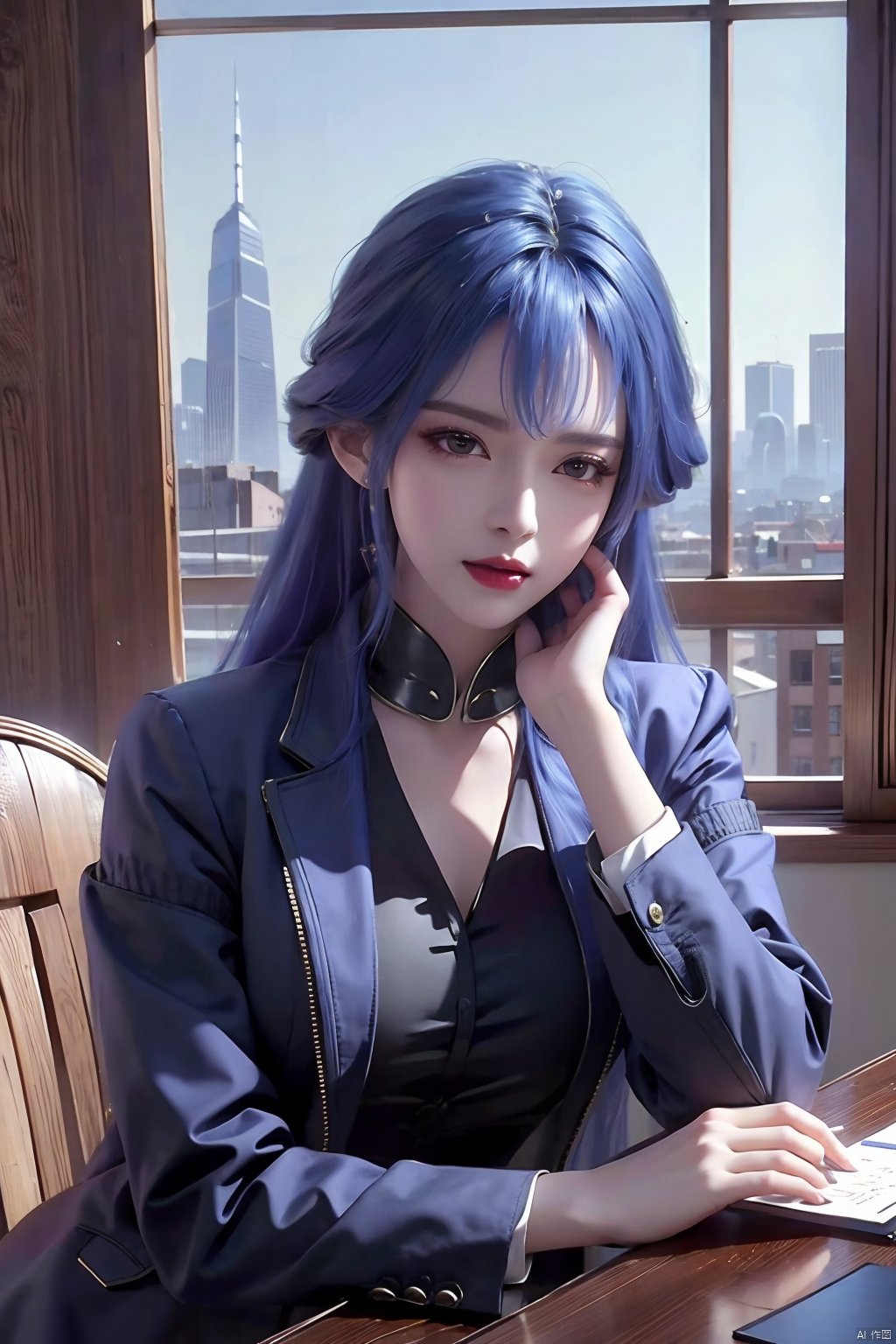  1girl,office,Blue hair, long hair,orehead mark,mole,(European model: 1.3),31 years old, exquisite, business women's clothing, (jacket: 1.1),High collar,(shirt: 1.1), filigreth, quality, skyscraper boss's office, windows that can see the cityscape, film grain, depth of field ,