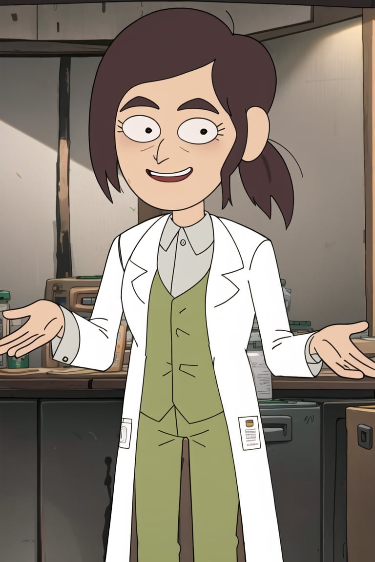 messy hair,Reagan Ridley, pupils, hair up, ponytail, eye bags, tired,  labcoat, green pants, dress shirt, happy,