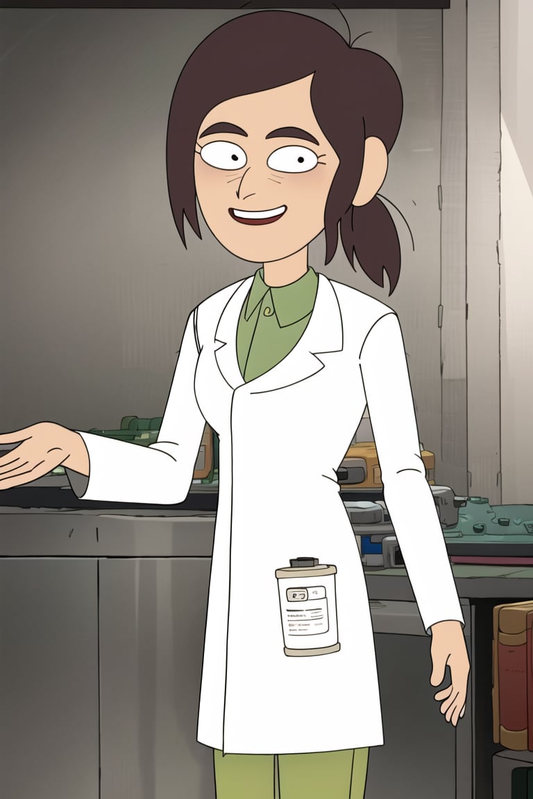 messy hair,Reagan Ridley, pupils, hair up, ponytail, eye bags, tired,  labcoat, green pants, white dress shirt, happy,