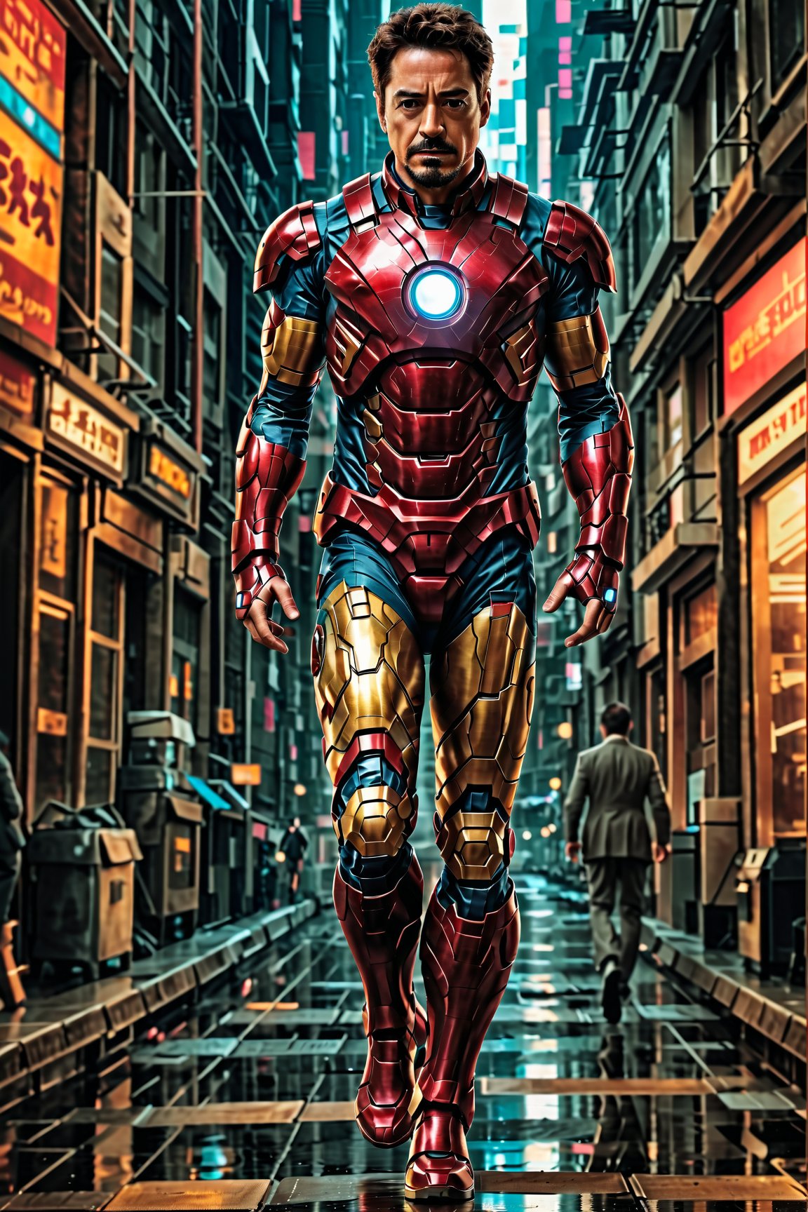 1man ((tony stark)), "Tony Starks Cyberpunk Walk" showcases Tony Stark in cyberpunk attire, each piece resonating with advanced technology. ((As he carries the Iron Man helmet at left hand)) , the artwork creates a captivating contrast between his unassuming appearance and his extraordinary capabilities, solo, hyperdetailed, masterpiece1.2, ultra hd quality