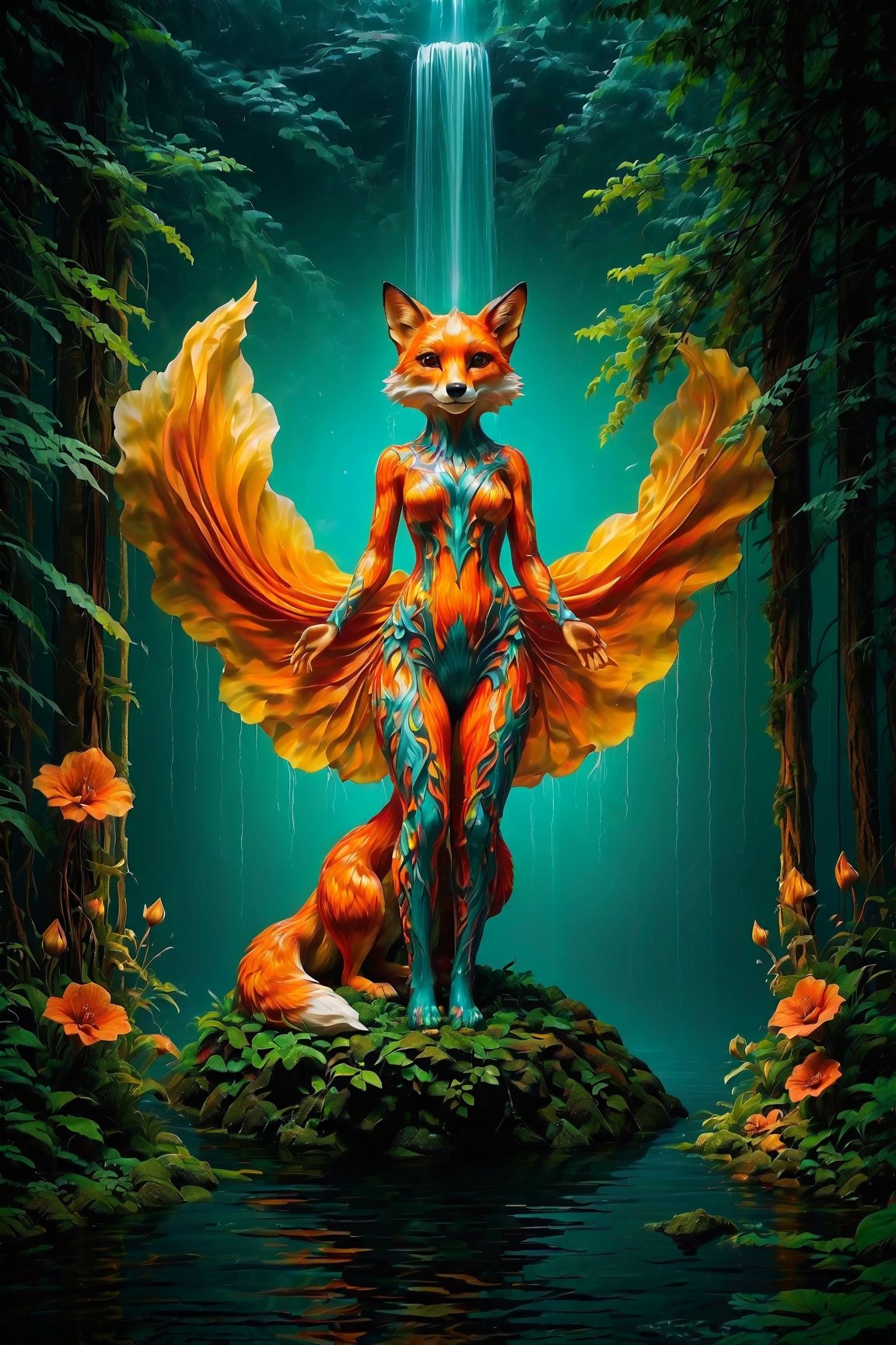 Full far body shot f a crystafufoxygirl in a cave near waterfall , Craft mesmerizing artwork by juxtaposing celestial elements with earthly scenes. Play with light, shadows, and vibrant hues to depict the harmonious dance of the cosmos meeting the mundane. full body in picture clearly visible, full body portrait of a Mythical dreamy orangefoxgirl organic bio with crystal-flowersfur covering the body - mechanical spinal ribbed profile full body portrait of a fox goddess , ultra high detail of translucent goddess beautiful intricate motifs - roaring - vegetal - flowers - butterfly - mystery, highly detailed, intricate translucent ivy jelly ornate, poetic, translucent microchip ornate, 3d render, digital art, unreal engine render, 64k artistic lithography, circle, gateway. (((((Full Body In Picture Clearly Visible))))) Sharp Focus, Ultra High Detail, Photo Realistic, Hyper Realistic, Intricate Details And Design, Breathtaking Beauty, Precise Digital Art, Vibrant, Comprehensive Cinematic,

