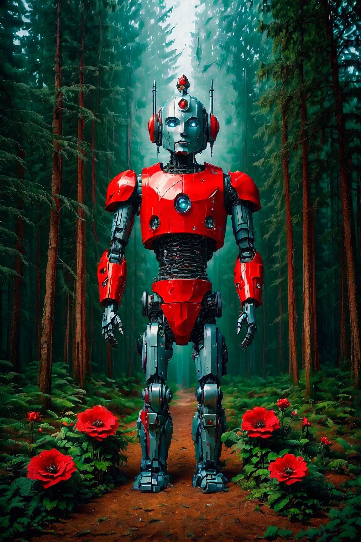 One Gorgeous realistic Robot , with cold hurt made from expensive stones , wearing in Ukrainian military uniform. Stending with one beautiful real women which one wearing in red asimetric dress, with a beautiful wreath of flowers on her head . They are standing in the middle of the forest.

