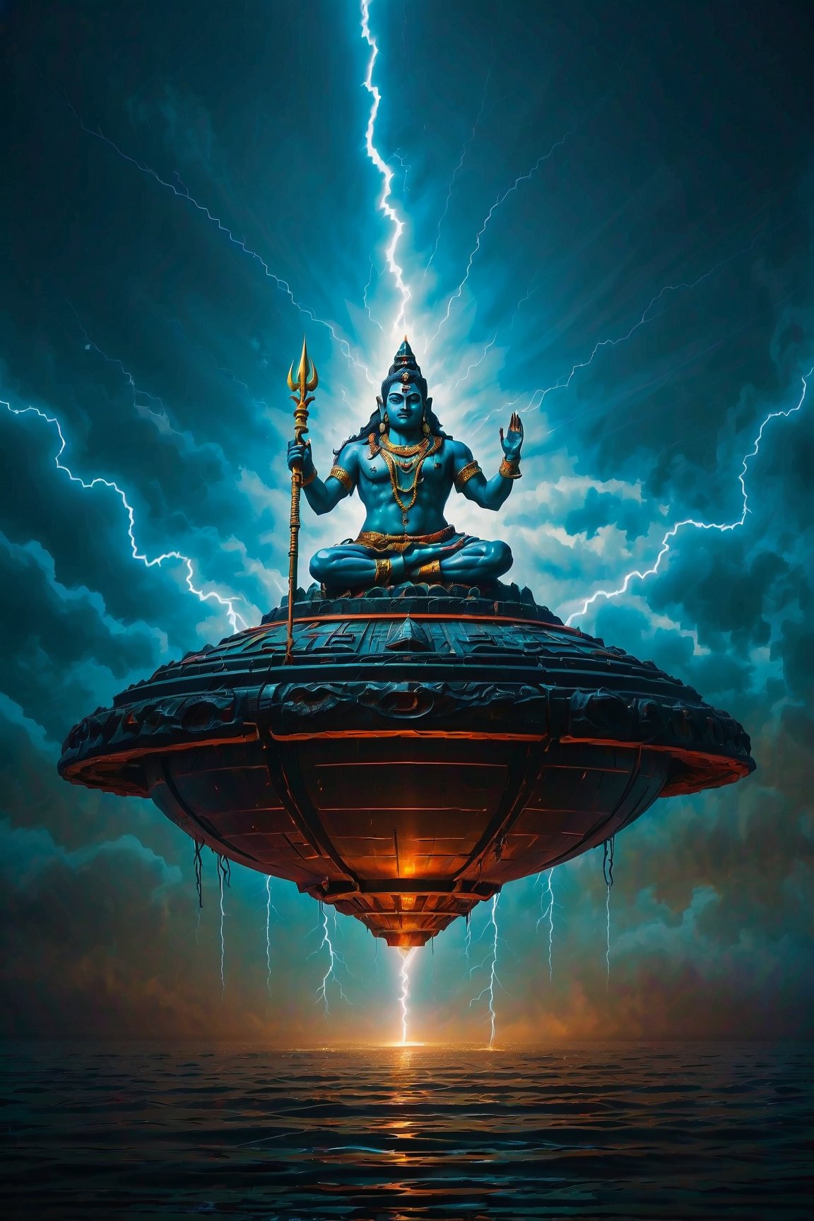 Shiva god piloting a space ship shooting lightning at giants

