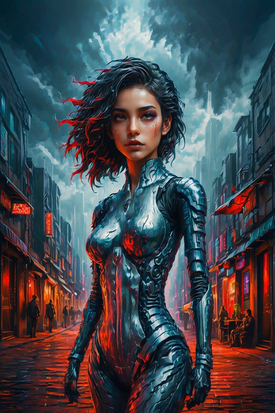 {{master piece}},best quality,illustration,1girl,small breast,beatiful detailed eyes,beatiful detailed cyberpunk city,flat_chest,beatiful detailed hair,wavy hair,beatiful detailed steet,mecha clothes,robot girl,cool movement,sliver bodysuit,{filigree},dargon wings,colorful background,a dragon  stands behind the girl,rainy days,{lightning effect},beatiful detailed sliver dragon arnour,（cold face）