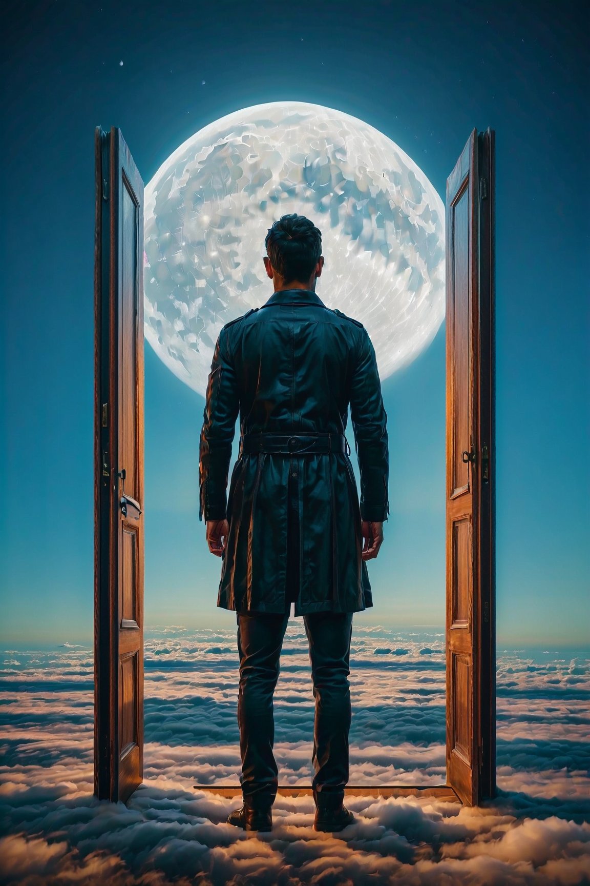 A man standing inside an open door on a mobile phone above the clouds, the moon rising in the middle of the door and shining, lighting, solid, realistic, cinematic, 8k

