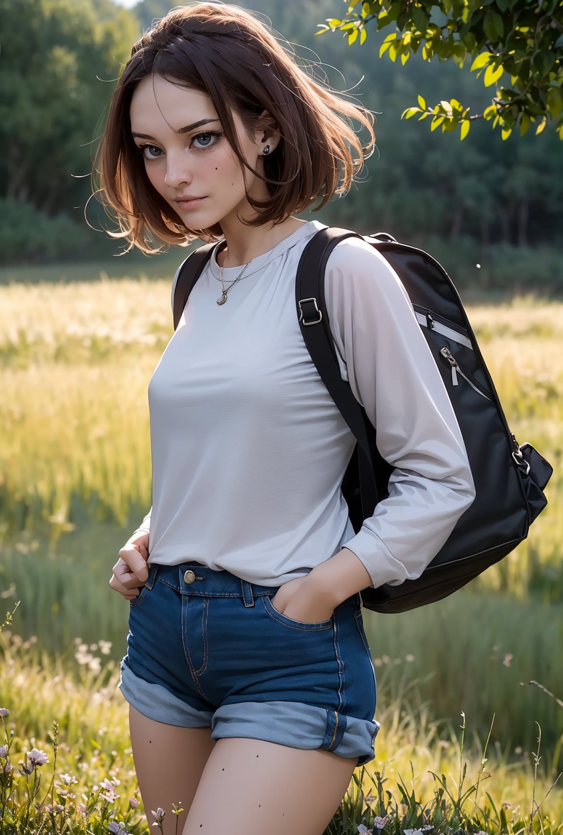 (beautiful and magnificent skyline, majestic sky), (extremely tense and dramatic pictures, moving visual effects), (high hanging Polaris, colorful natural light), (1girl), (long-sleeved top, denim shorts, carrying a backpack), (dynamic pose:1.3, black eyes, black hime-cut hair, sparkling girl), (large grassland), (oncoming breeze), (brown hair and background Coordination effect: 1.2), (close shot, long shot mix and match)