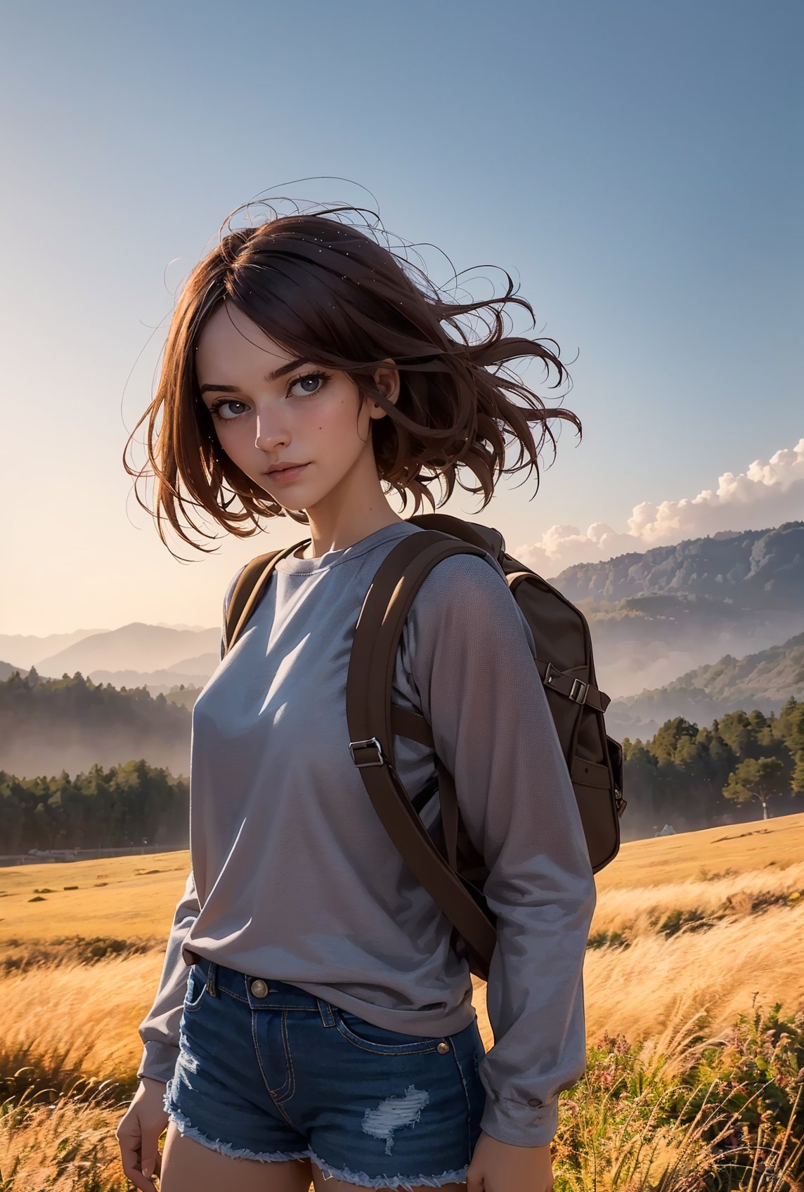 (beautiful and magnificent skyline, majestic sky), (extremely tense and dramatic pictures, moving visual effects), (high hanging Polaris, colorful natural light), (1girl), (long-sleeved top, denim shorts, carrying a backpack), (dynamic pose:1.3, black eyes, black hime-cut hair, sparkling girl), (large grassland), (oncoming breeze), (brown hair and background Coordination effect: 1.2), (close shot, long shot mix and match)