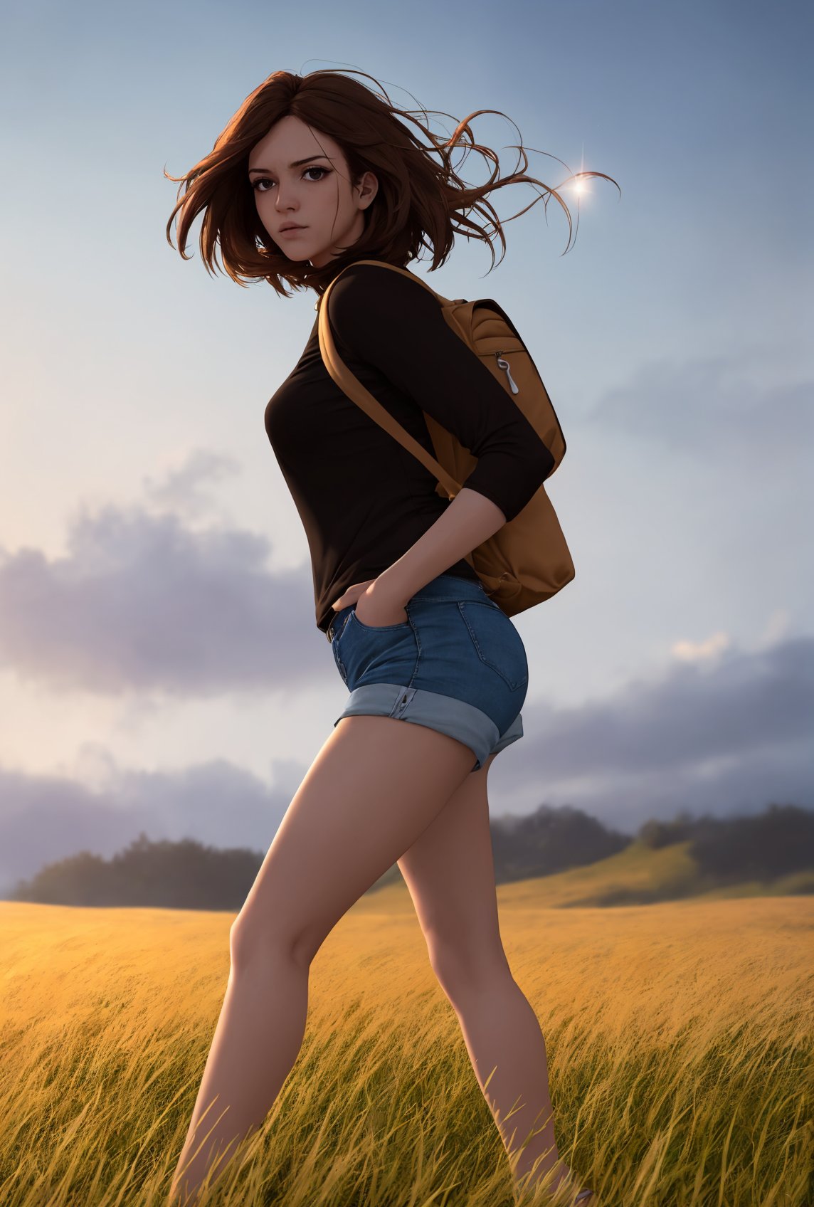 (beautiful and magnificent skyline, majestic sky), (extremely tense and dramatic pictures, moving visual effects), (high hanging Polaris, colorful natural light), (1girl), (long-sleeved top, denim shorts, carrying a backpack), (dynamic pose:1.3, black eyes, black hime-cut hair, sparkling girl), (large grassland), (oncoming breeze), (brown hair and background Coordination effect: 1.2), (close shot, long shot mix and match)