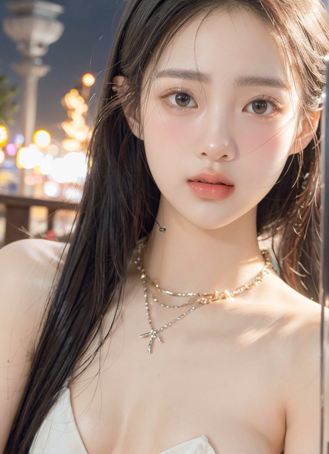 Hayoon, 1 girl, detailed face, a woman with long black hair, smile, (((Nsfw))), outdoor scene, smiling, 
 (night light), led lighting, magnificent light, ((fire works)), close up, portrait, upperbody, RAW, (intricate details:1.3), (best quality:1.3), (masterpiece:1.3), (hyper realistic:1.3), best quality, 1 girl, ultra-detailed, ultra high resolution, very detailed mphysically based rendering, dynamic angle, dynamic pose, wind, 8K UHD, Vivid picture, High definition, intricate details, detailed texture, finely detailed, high detail, extremely detailed cg, High quality shadow, a realistic representation of the face, beautiful detailed, (high detailed skin, skin details), slim waist, beautiful and realistic and detailed hands and fingers:1, best ratio four finger and one thumb, (detailed face, detailed eyes, beautiful face), ((korean beauty, kpop idol, ulzzang, korean celebrity, korean cute, korean actress, korean, a beautiful 18 years old beautiful korean girl)), (high detailed skin, skin details), Detailed beautiful delicate face, Detailed beautiful delicate eyes, a face of perfect proportion, (beautiful and realistic and detailed hands and fingers:1.3), (Big breasts:1.3), (full body shot:1.3), (long legs:1.3), (sparkling eyes:1.3), (sparkling lips:1.3), taken by Canon EOS, SIGMA Art Lens 35mm F1.4, ISO 200 Shutter Speed 2000, Vivid ((korean beauty, kpop idol, ulzzang, korean celebrity, korean cute, korean actress, korean, 인스타 여신:1.3, a beautiful 18 years old beautiful korean girl)), (blue eye), (black long hair),chanel_jewelry, chanel_bag, vancleef_necklace,Nice legs and hot body, see-through,hourglass bodyshape ,hayoon ,photorealistic