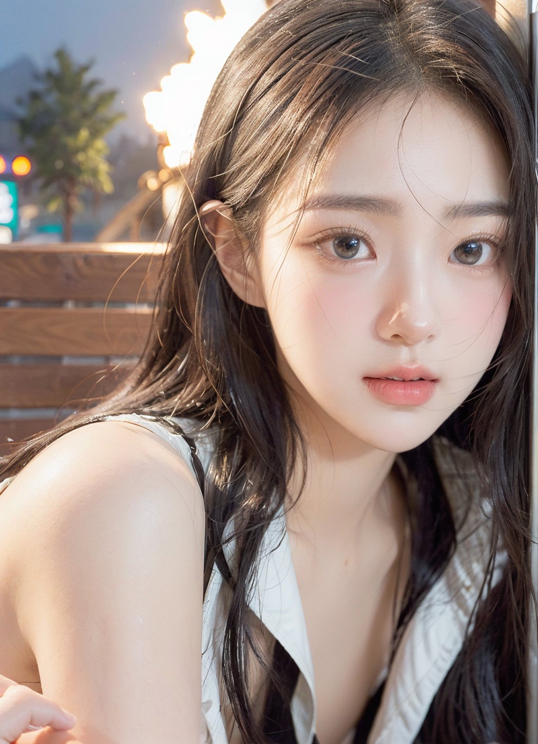 Hayoon, 1 girl, detailed face, a woman with long black hair, smile, (((Nsfw))), outdoor scene, ((smiling)), 
 (night light), led lighting, magnificent light, ((fire works)), close up, portrait, upperbody, RAW, (intricate details:1.3), (best quality:1.3), (masterpiece:1.3), (hyper realistic:1.3), best quality, 1 girl, ultra-detailed, ultra high resolution, very detailed mphysically based rendering, dynamic angle, dynamic pose, wind, 8K UHD, Vivid picture, High definition, intricate details, detailed texture, finely detailed, high detail, extremely detailed cg, High quality shadow, a realistic representation of the face, beautiful detailed, (high detailed skin, skin details), slim waist, beautiful and realistic and detailed hands and fingers:1, best ratio four finger and one thumb, (detailed face, detailed eyes, beautiful face), ((korean beauty, kpop idol, ulzzang, korean celebrity, korean cute, korean actress, korean, a beautiful 18 years old beautiful korean girl)), (high detailed skin, skin details), Detailed beautiful delicate face, Detailed beautiful delicate eyes, a face of perfect proportion, (beautiful and realistic and detailed hands and fingers:1.3), (Big breasts:1.3), (full body shot:1.3), (long legs:1.3), (sparkling eyes:1.3), (sparkling lips:1.3), taken by Canon EOS, SIGMA Art Lens 35mm F1.4, ISO 200 Shutter Speed 2000, Vivid ((korean beauty, kpop idol, ulzzang, korean celebrity, korean cute, korean actress, korean, 인스타 여신:1.3, a beautiful 18 years old beautiful korean girl)), (blue eye), (black long hair),chanel_jewelry, chanel_bag, vancleef_necklace,Nice legs and hot body, see-through,hourglass bodyshape ,hayoon ,photorealistic