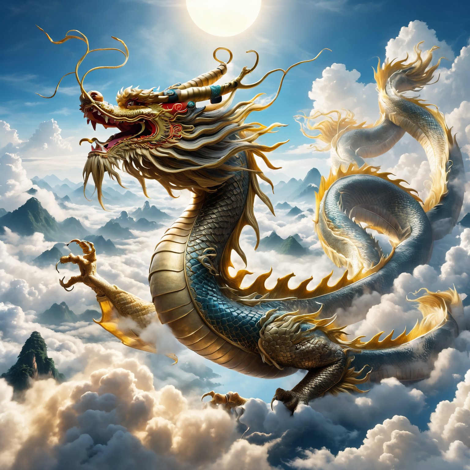 Majestic scene of 'The dragon soars in the sky' from the I Ching, magnificent Chinese dragon, detailed and vibrant, soaring above clouds, symbolizing apex of achievement, elegant winding body, strength and grace, awe-inspiring backdrop of clear blue sky and fluffy white clouds, highlighting ascendant position and celebrated status, by FuturEvoLab, (Masterpiece, Best Quality, 8k:1.2), (Ultra-Detailed, Highres, Extremely Detailed, Absurdres, Incredibly Absurdres, Huge Filesize:1.1), vivid colors, dynamic composition