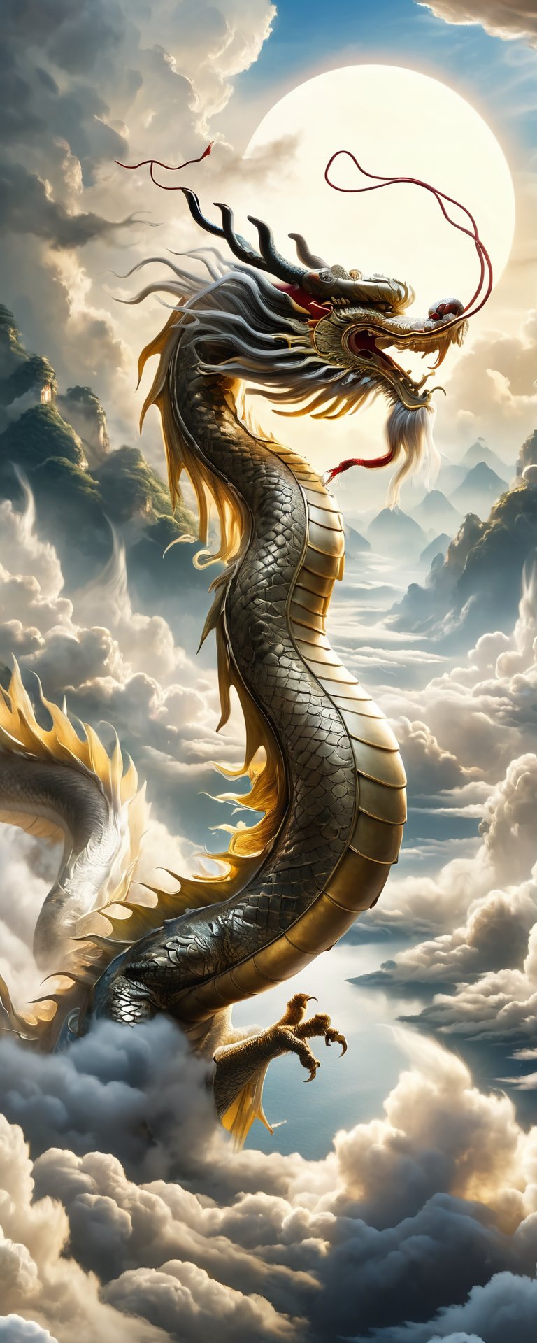 Majestic scene of 'The dragon soars in the sky' from the I Ching, magnificent Chinese dragon, detailed and vibrant, soaring above clouds, symbolizing apex of achievement, elegant winding body, strength and grace, awe-inspiring backdrop of clear blue sky and fluffy white clouds, highlighting ascendant position and celebrated status, by FuturEvoLab, (Masterpiece, Best Quality, 8k:1.2), (Ultra-Detailed, Highres, Extremely Detailed, Absurdres, Incredibly Absurdres, Huge Filesize:1.1), vivid colors, dynamic composition