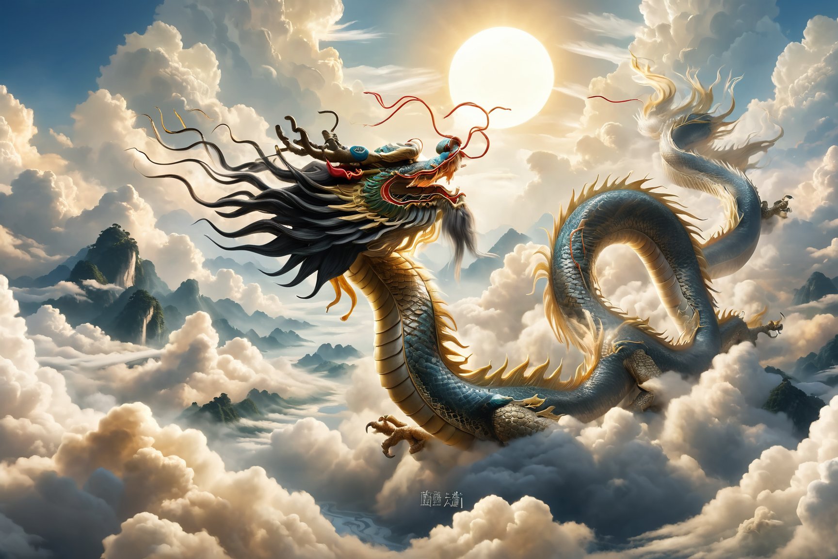 Majestic scene of 'The dragon soars in the sky' from the I Ching, magnificent Chinese dragon, detailed and vibrant, soaring above clouds, symbolizing apex of achievement, elegant winding body, strength and grace, awe-inspiring backdrop of clear blue sky and fluffy white clouds, highlighting ascendant position and celebrated status, by FuturEvoLab, (Masterpiece, Best Quality, 8k:1.2), (Ultra-Detailed, Highres, Extremely Detailed, Absurdres, Incredibly Absurdres, Huge Filesize:1.1), vivid colors, dynamic composition