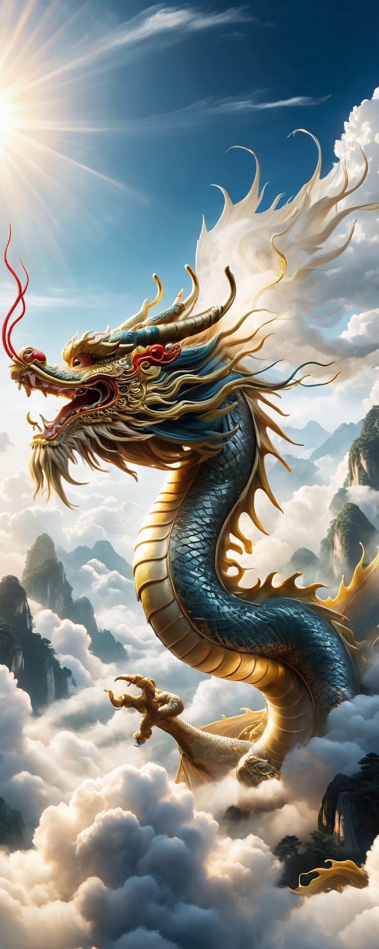 Majestic scene of 'The dragon soars in the sky' from the I Ching, magnificent Chinese dragon, detailed and vibrant, soaring above clouds, symbolizing apex of achievement, elegant winding body, strength and grace, awe-inspiring backdrop of clear blue sky and fluffy white clouds, highlighting ascendant position and celebrated status, by FuturEvoLab, (Masterpiece, Best Quality, 8k:1.2), (Ultra-Detailed, Highres, Extremely Detailed, Absurdres, Incredibly Absurdres, Huge Filesize:1.1), vivid colors, dynamic composition