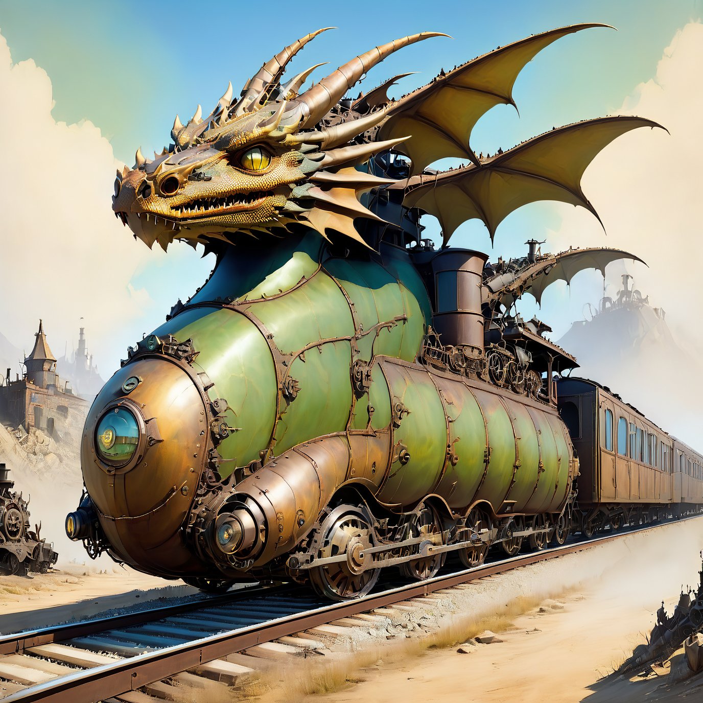 create  SL train , first car is shaped like dragon's head , , (masterpiece), (best quality), wheels,  SL train on railroads , , Wasteland,  post-apocalyptic world, (viewed from below:1.9), wide angle:1.5,
,dragon train