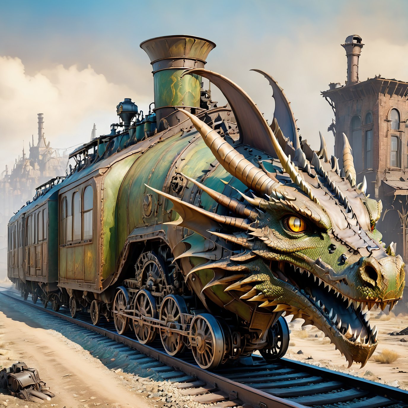  (masterpiece), (best quality),,  dragon train on railroads ,buildings , in Wasteland,  post-apocalyptic world, (from front:1.9), wide angle:1.5,
,more detail XL