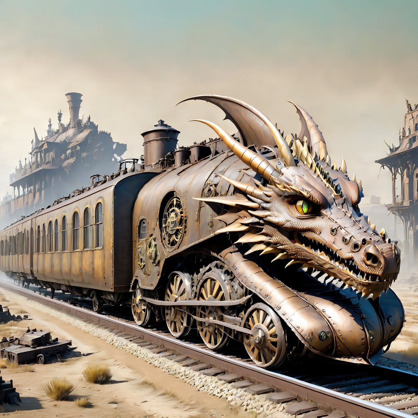  (masterpiece), (best quality),,  dragon train on railroads ,buildings , in Wasteland,  post-apocalyptic world, (from front:1.9), wide angle:1.5,
