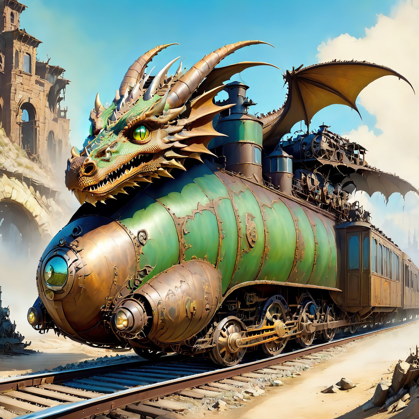  (masterpiece), (best quality),,  dragon train on railroads , , Wasteland,  post-apocalyptic world, (viewed from below:1.9), wide angle:1.5,
,dragon train