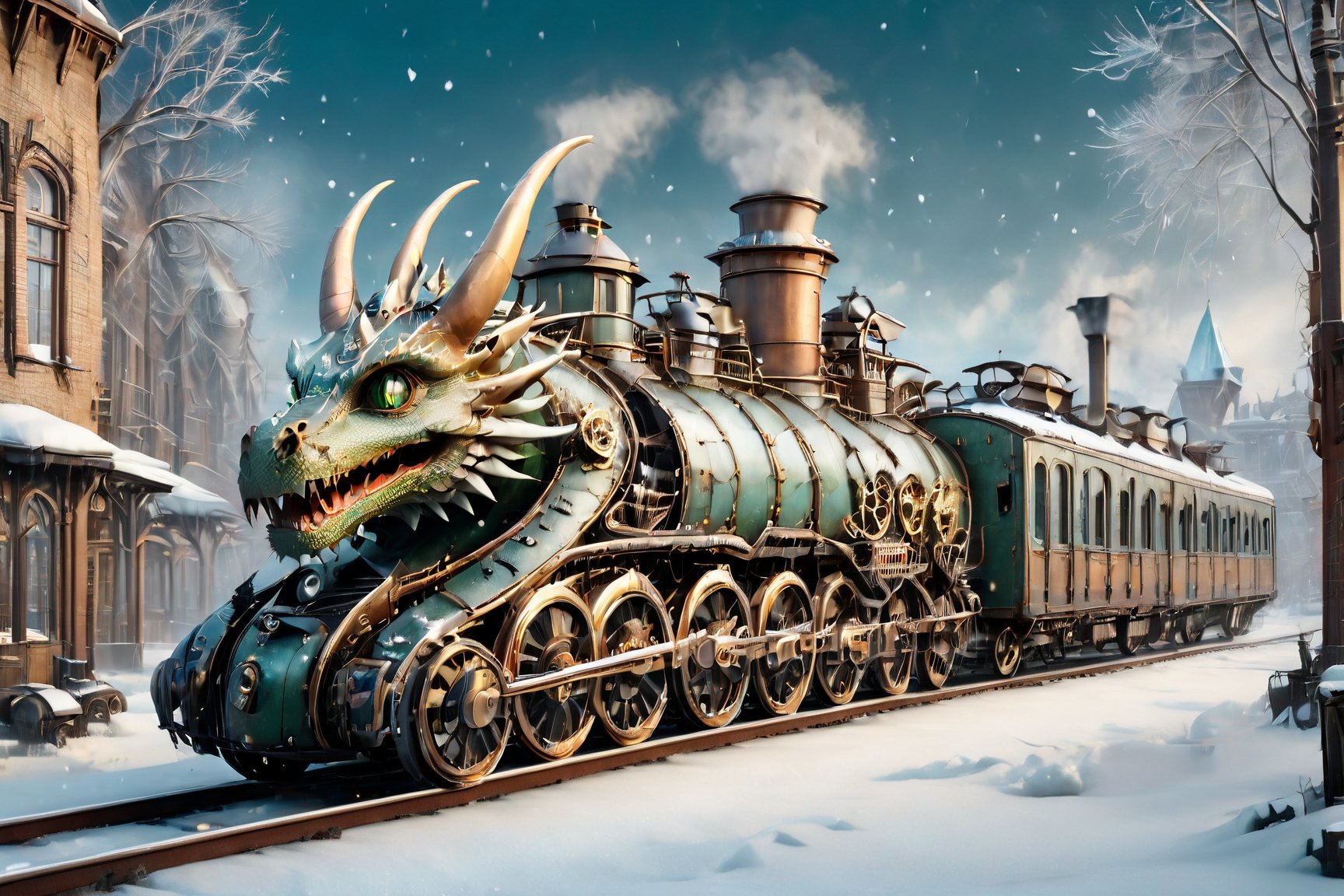 realistic photo of dragon train,a steampunk style,(masterpiece),(best quality),wheels, dragon train on railroads ,steam ,falling snow,snow scenery, post-apocalyptic world,steam punk city background,buildings background,wide angle:1.5,dragon train,ste4mpunk,WINTER