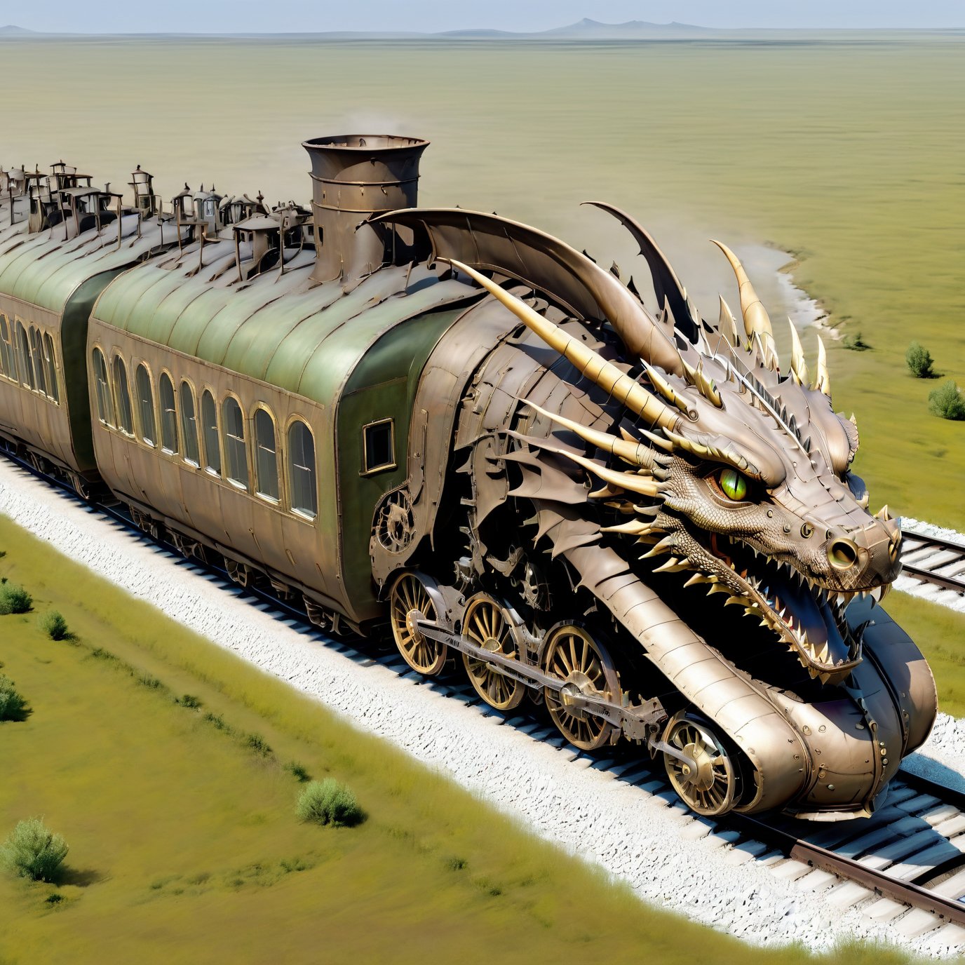 create  SL train , first car is shaped like dragon's head , , (masterpiece), (best quality), wheels,  SL train on railroads , , Wasteland,  post-apocalyptic world, (viewed from above:1.9), wide angle:1.5,
,dragon train