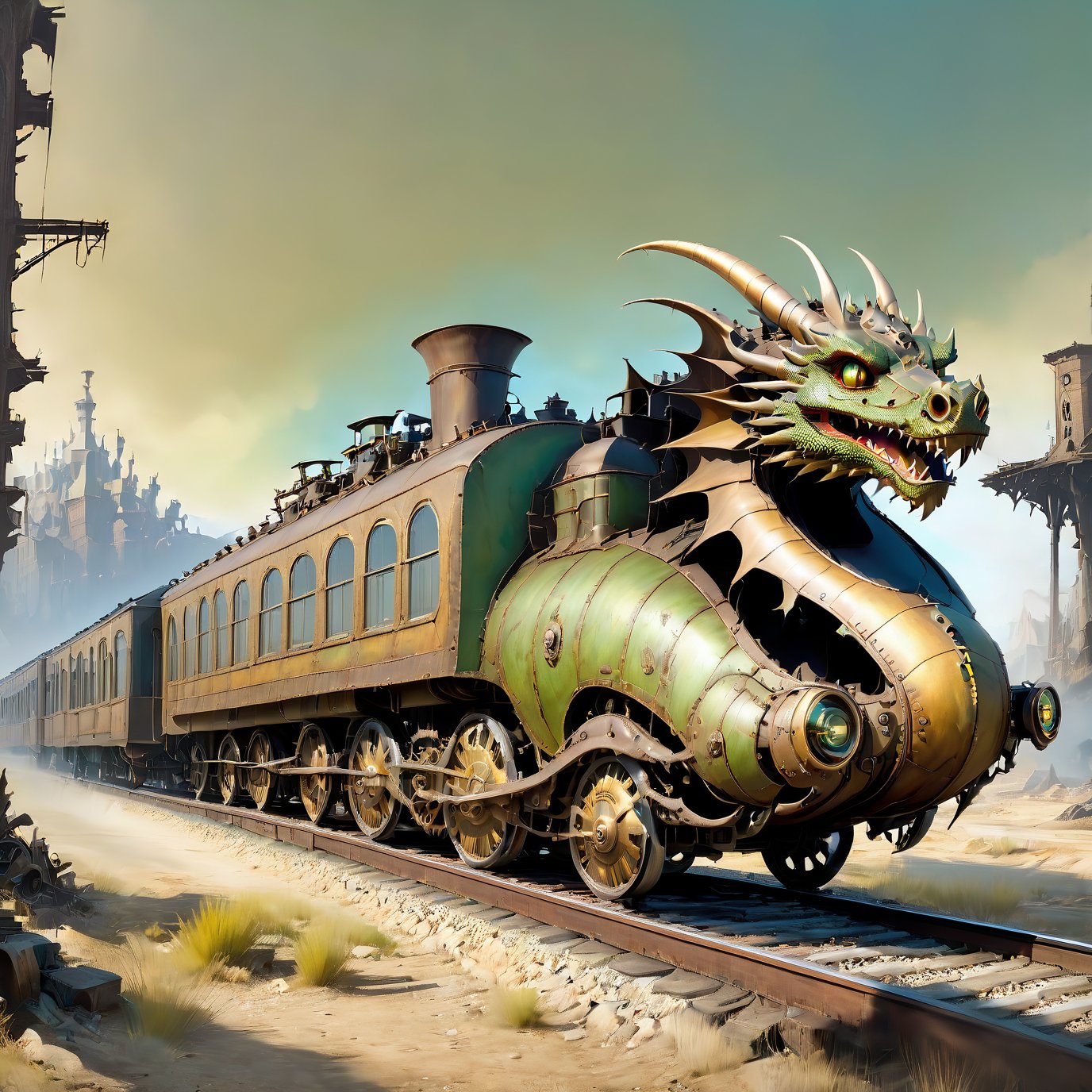  (masterpiece), (best quality),,  dragon train on railroads ,buildings , Wasteland,  post-apocalyptic world, (from below:1.9), wide angle:1.5,
